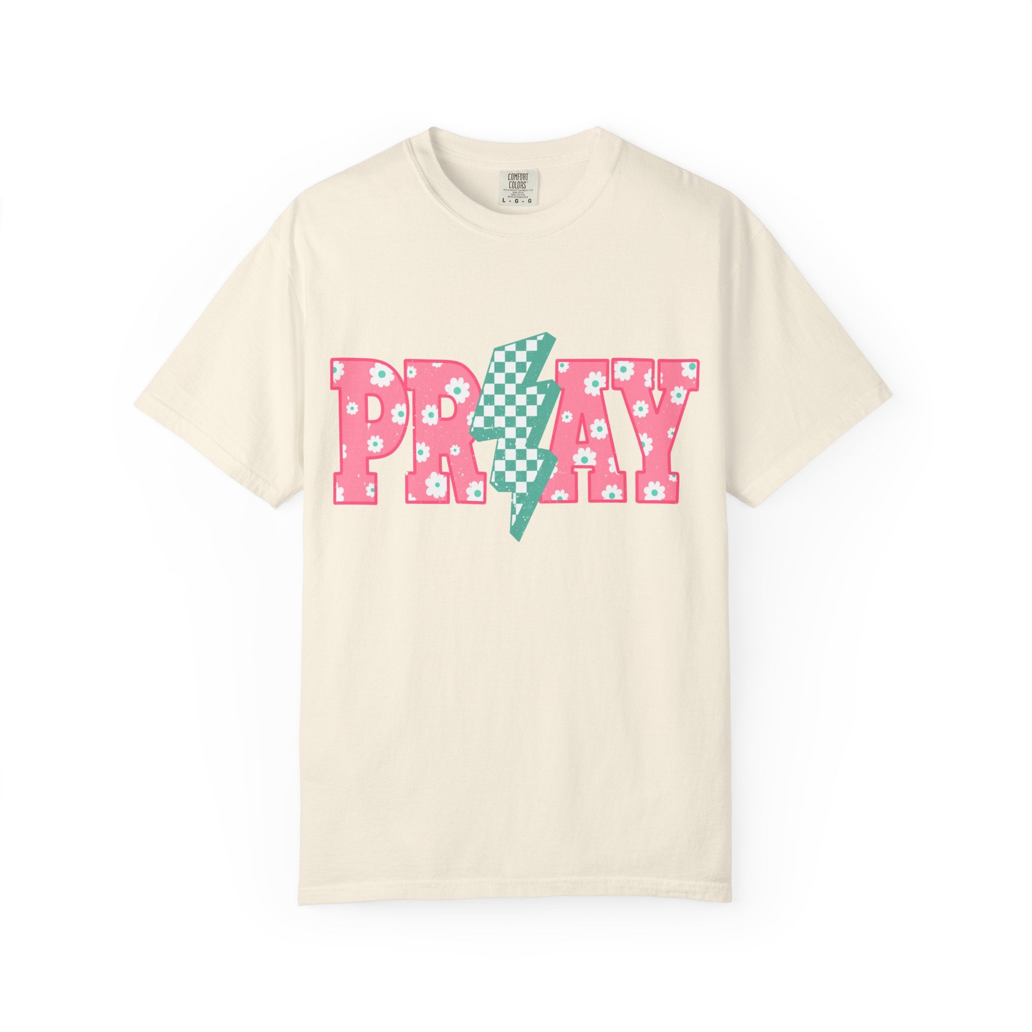 PRAY Lightning Graphic T-Shirt — Floral Pink & Mint Checker Retro Tee