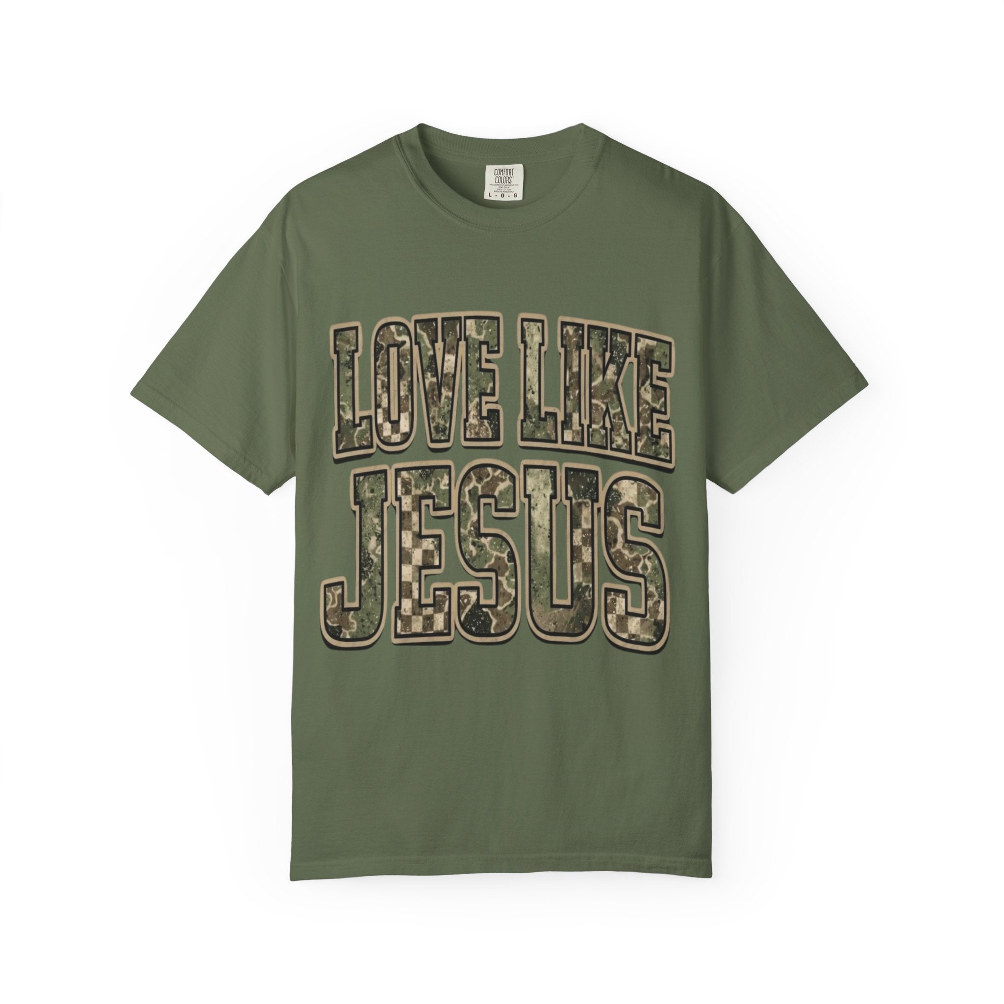 Love Like Jesus camo text T-shirt | Christian faith shirt