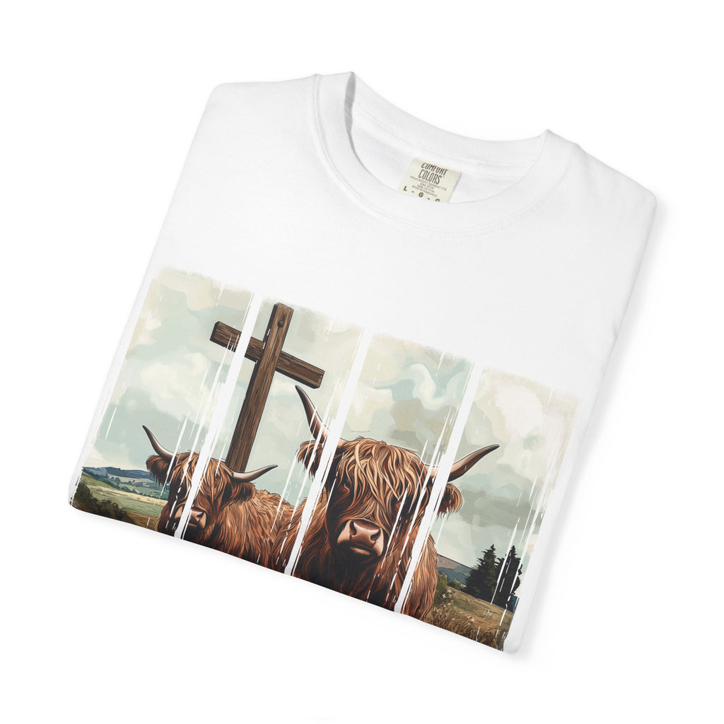 Christian Highland Cow T-Shirt — "Follow the Word, Not the Herd" Faith Tee