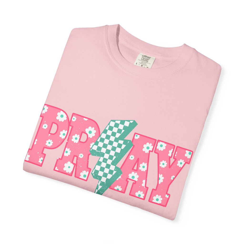 PRAY Lightning Graphic T-Shirt — Floral Pink & Mint Checker Retro Tee