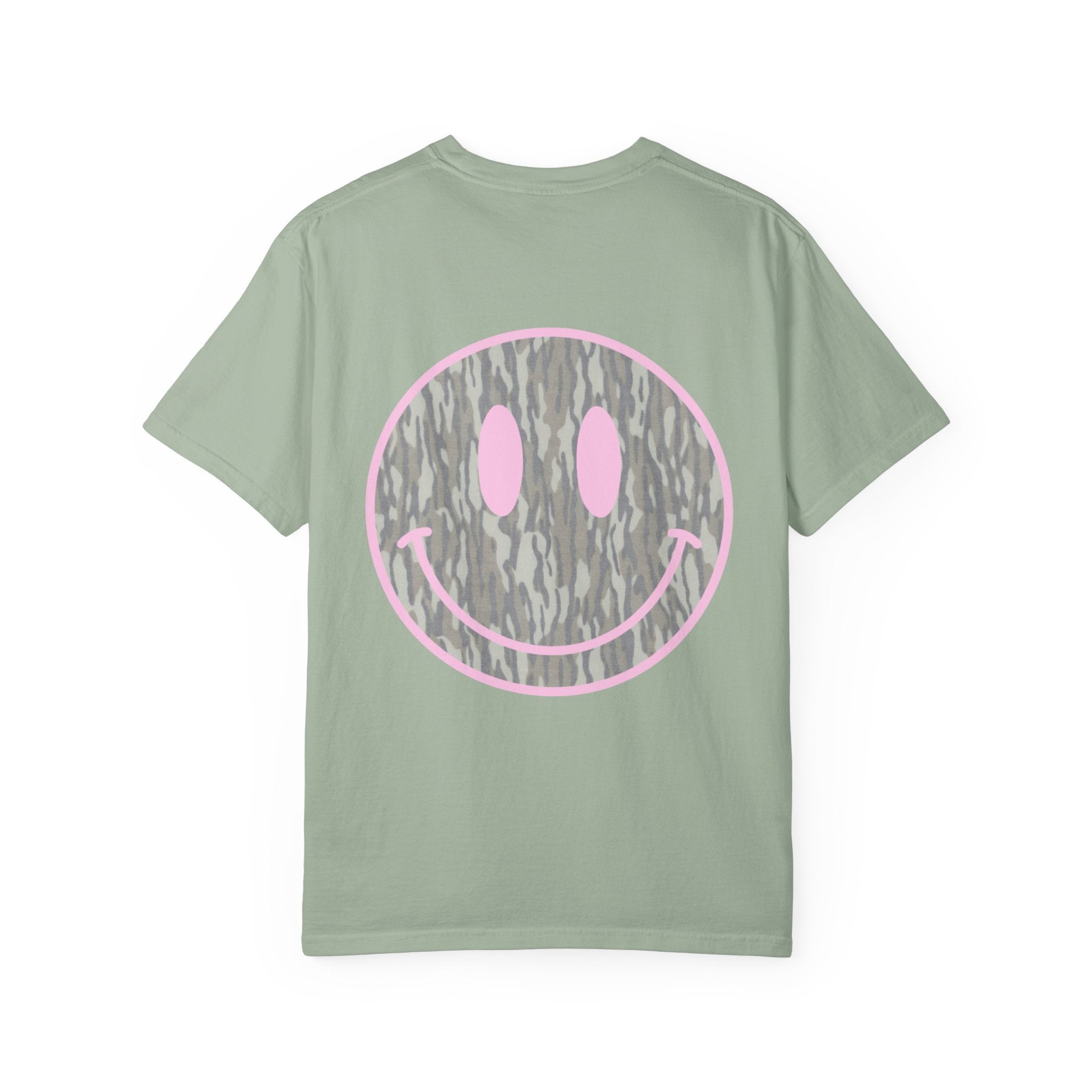 Smiley Camo T-Shirt — Pink Outline Woodland Smile Graphic Tee