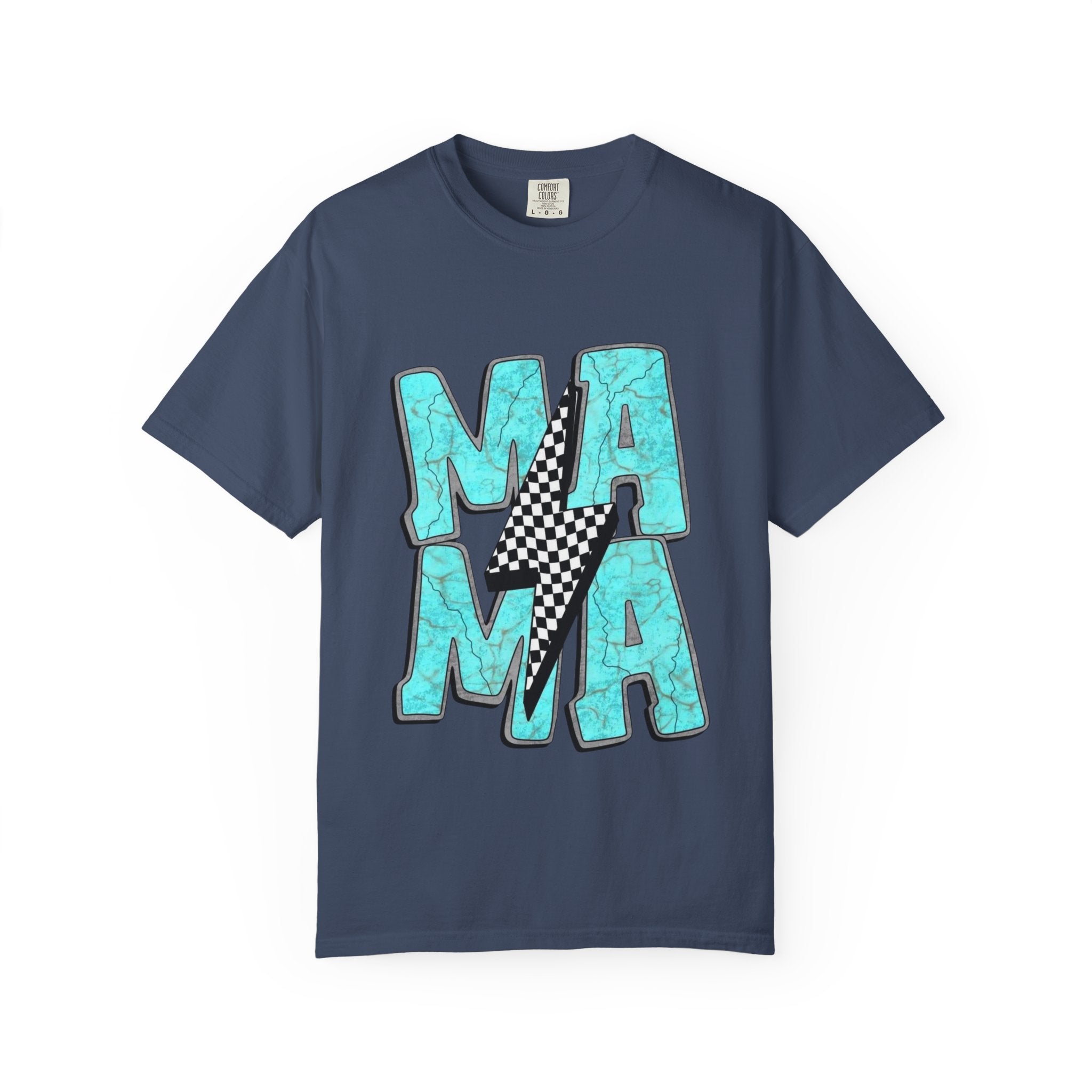 MAMA lightning bolt graphic T-shirt | turquoise marble letters