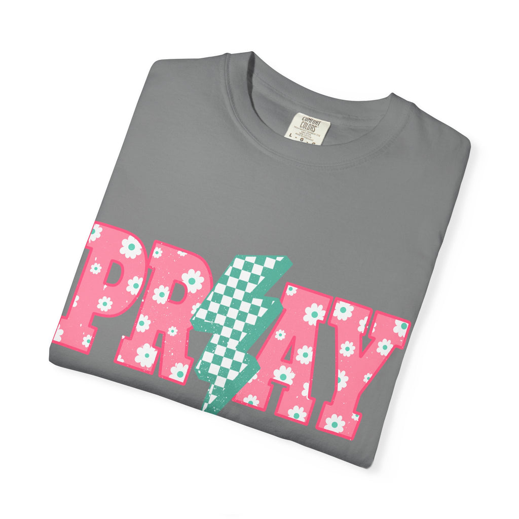 PRAY Lightning Graphic T-Shirt — Floral Pink & Mint Checker Retro Tee