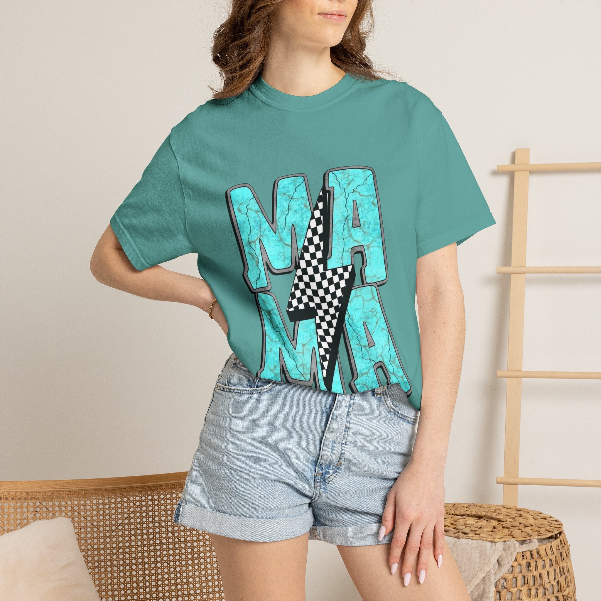 MAMA lightning bolt graphic T-shirt | turquoise marble letters