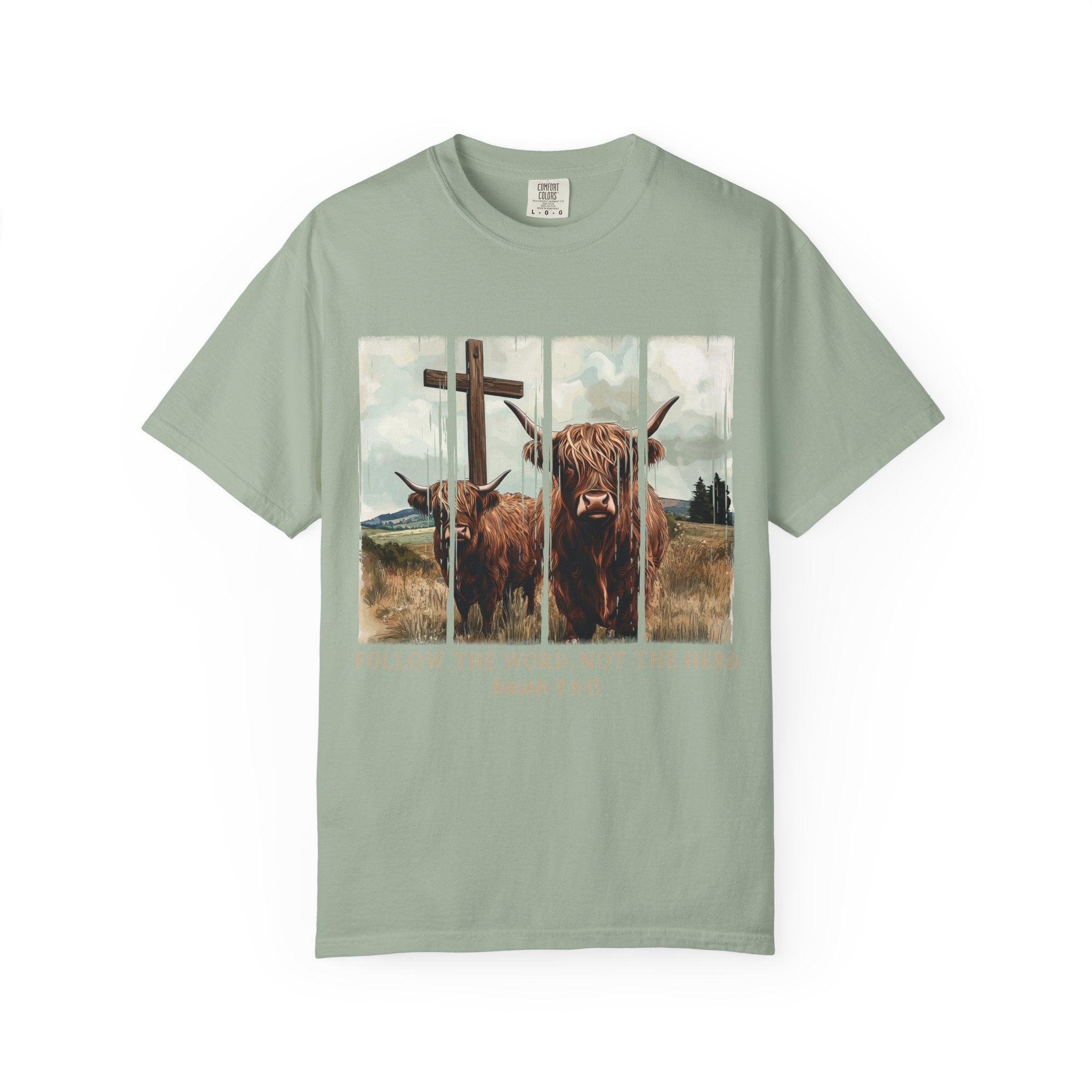 Christian Highland Cow T-Shirt — "Follow the Word, Not the Herd" Faith Tee