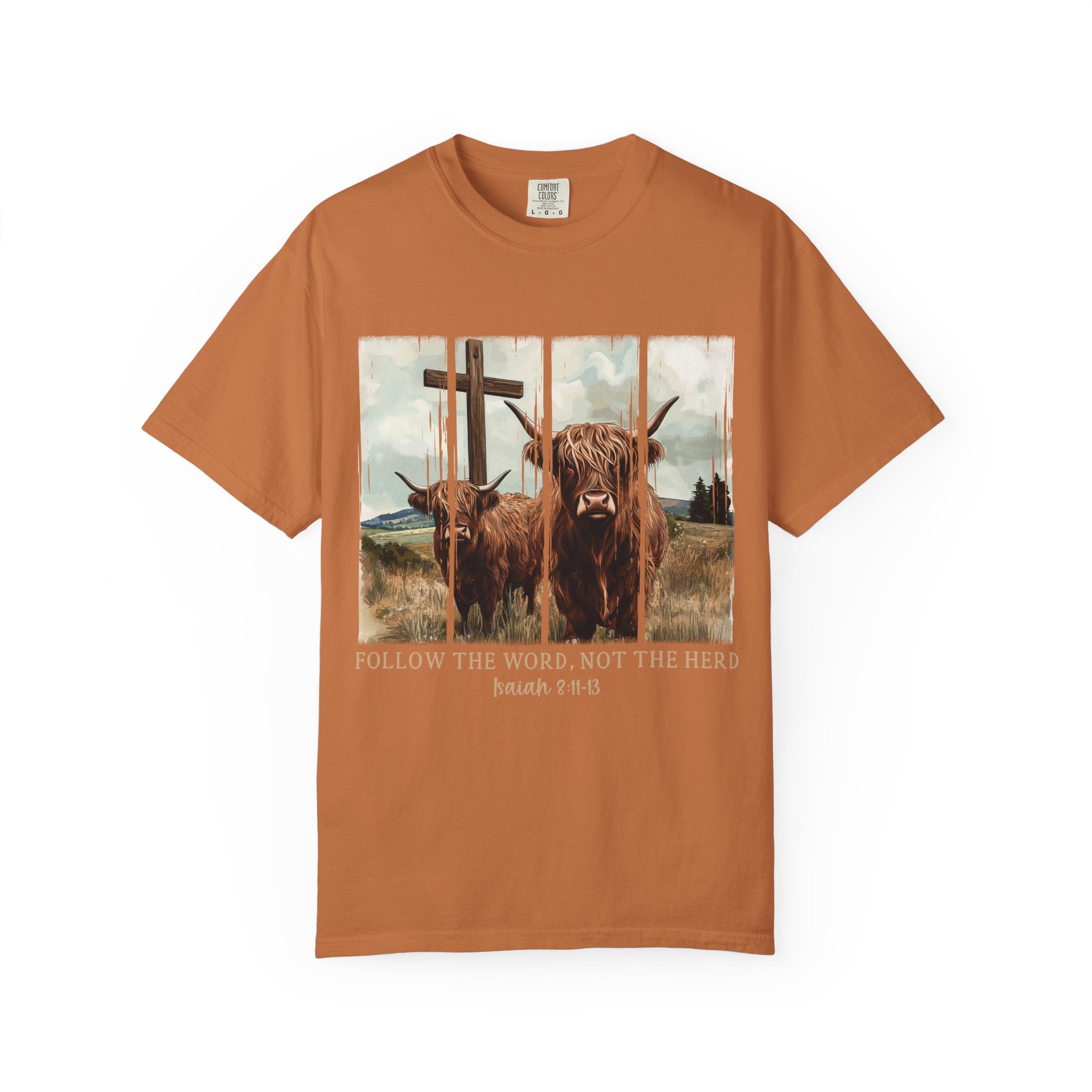 Christian Highland Cow T-Shirt — "Follow the Word, Not the Herd" Faith Tee