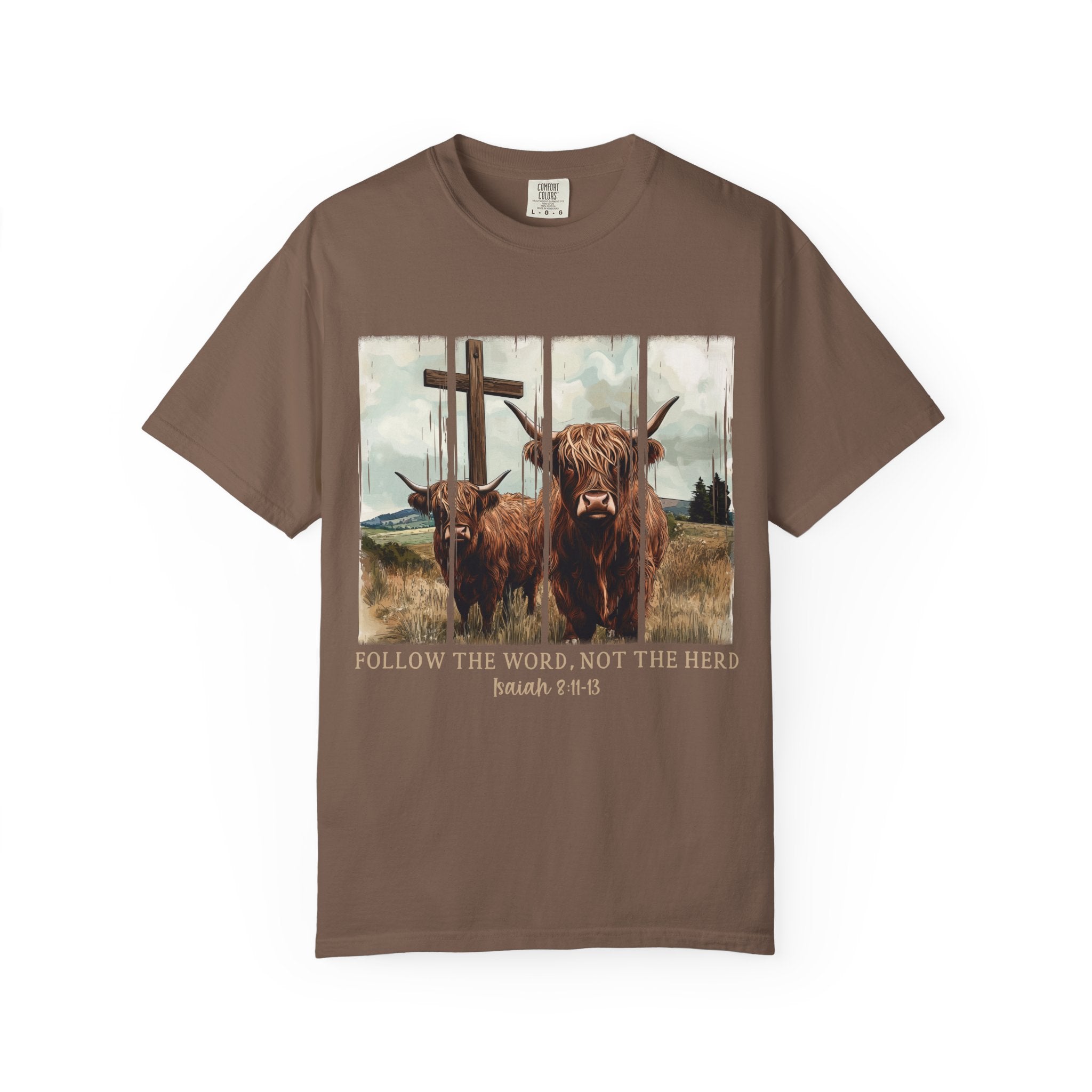 Christian Highland Cow T-Shirt — "Follow the Word, Not the Herd" Faith Tee