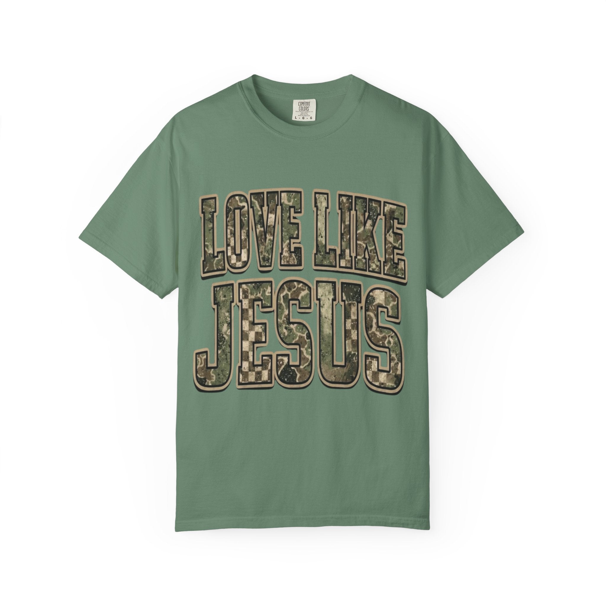 Love Like Jesus camo text T-shirt | Christian faith shirt