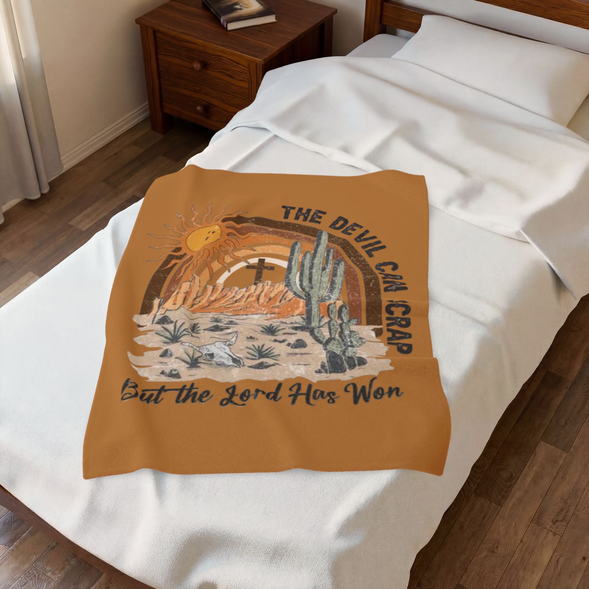 Christian Desert Scene Velveteen Blanket — "The Devil Can Scrap But the Lord Has Won" Plush Throw