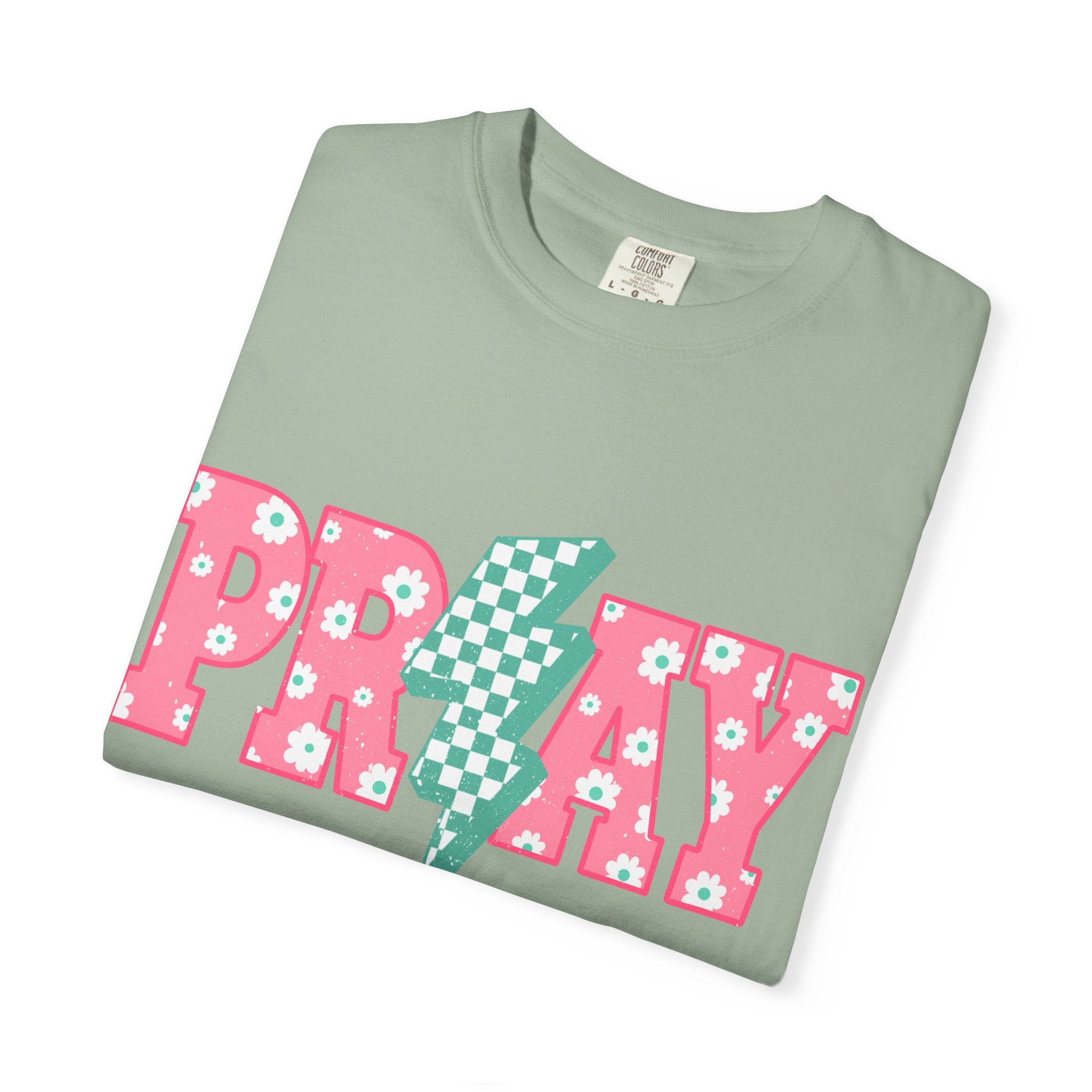 PRAY Lightning Graphic T-Shirt — Floral Pink & Mint Checker Retro Tee