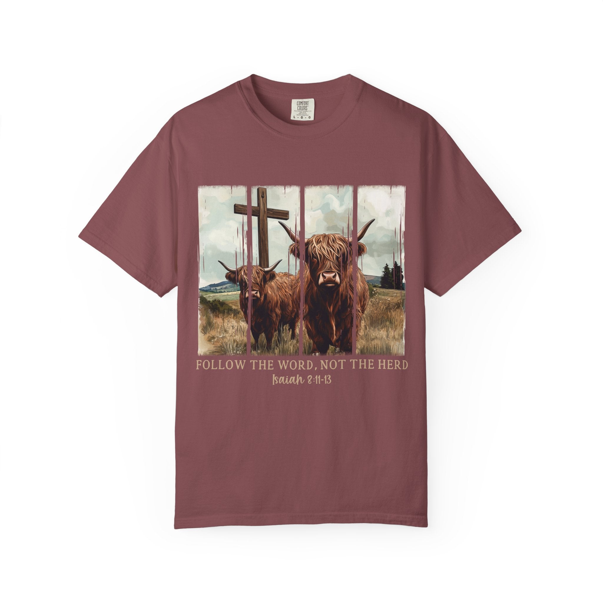 Christian Highland Cow T-Shirt — "Follow the Word, Not the Herd" Faith Tee