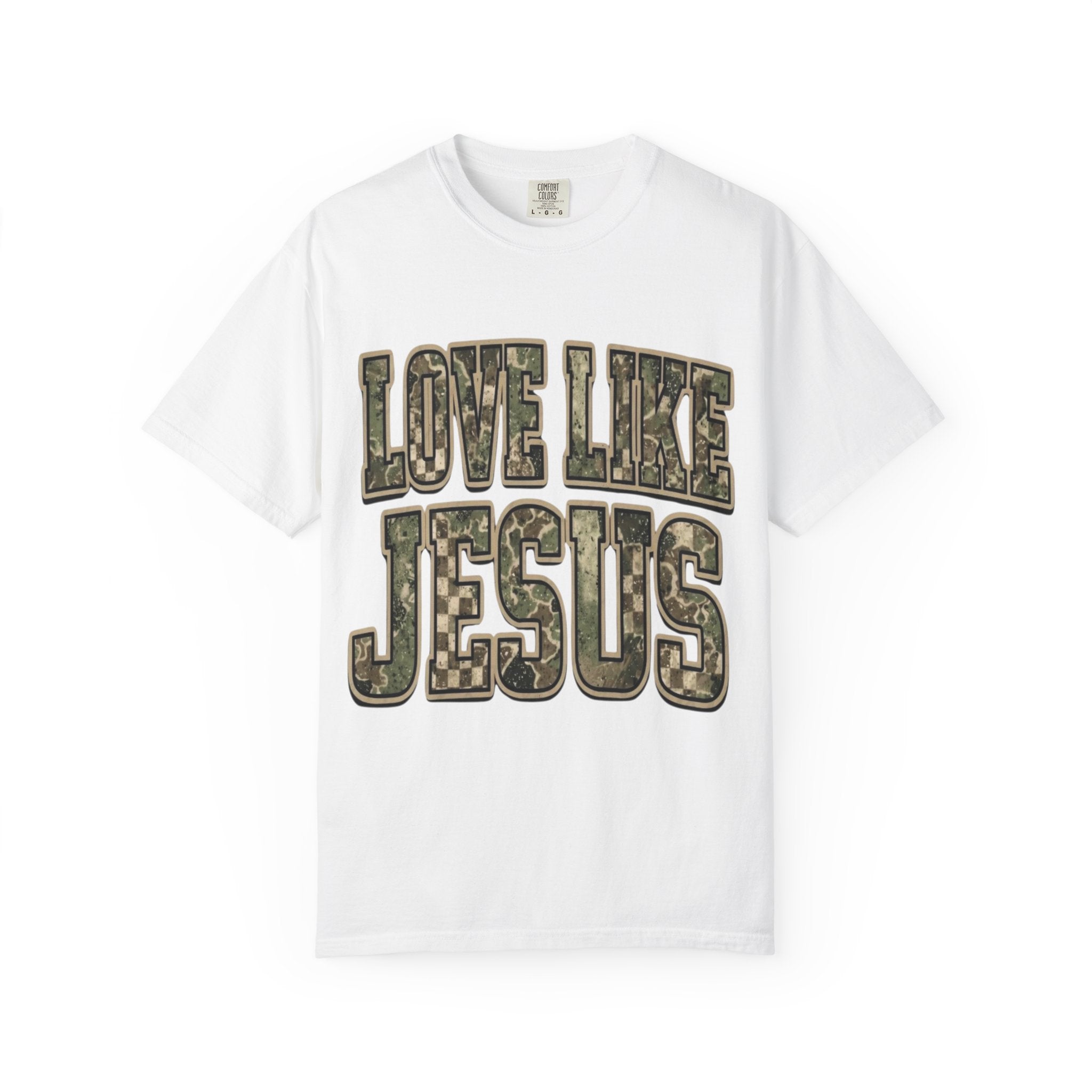 Love Like Jesus camo text T-shirt | Christian faith shirt
