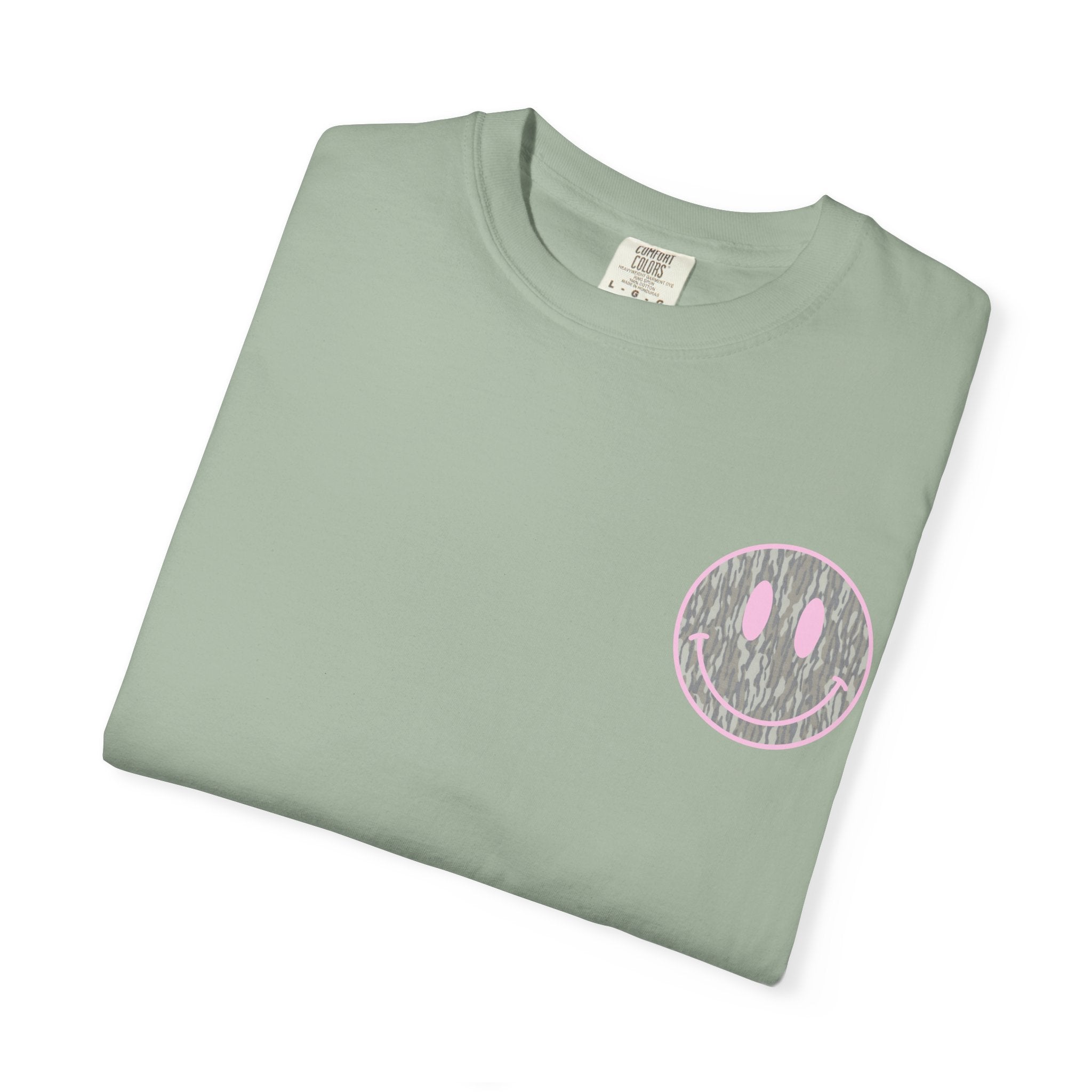 Smiley Camo T-Shirt — Pink Outline Woodland Smile Graphic Tee