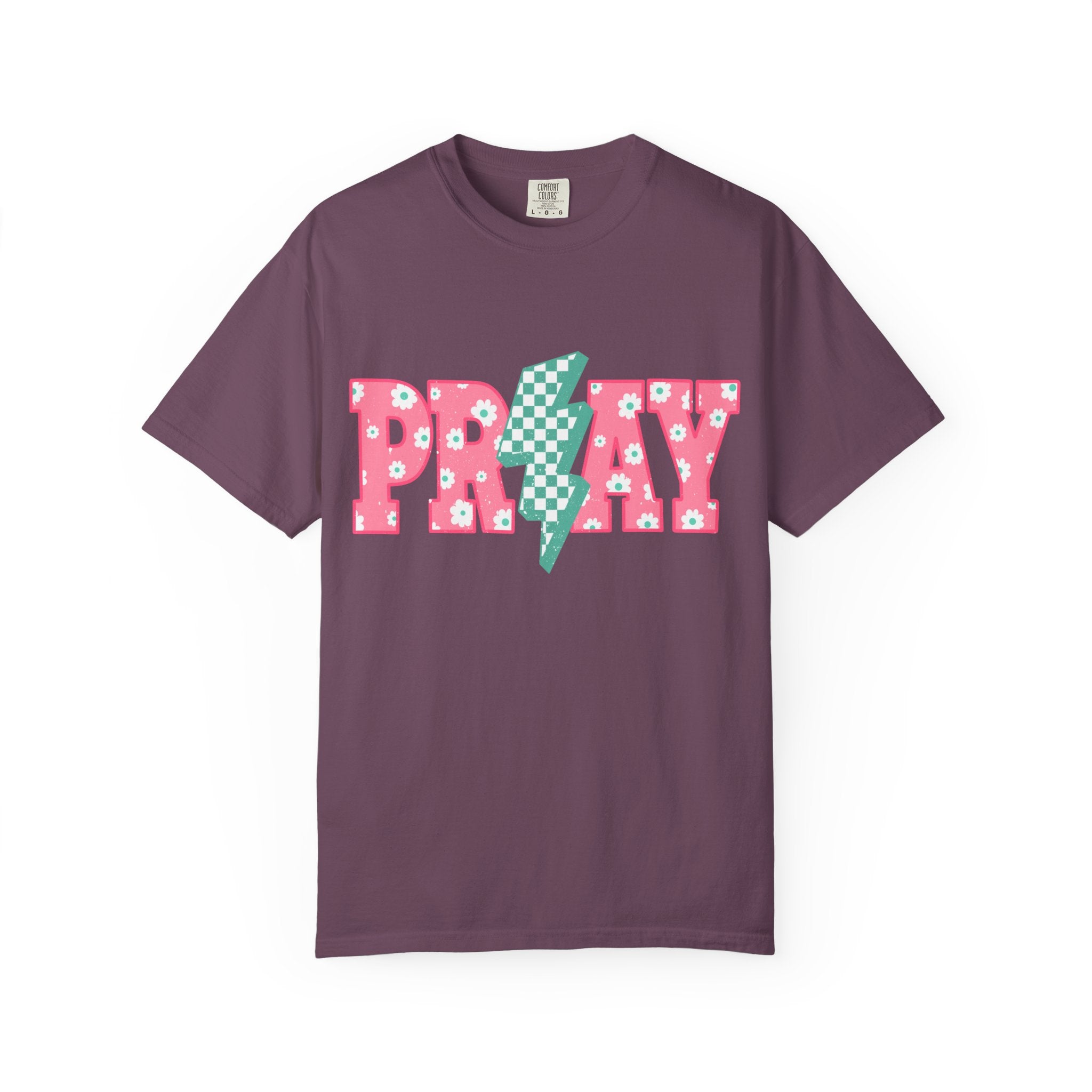 PRAY Lightning Graphic T-Shirt — Floral Pink & Mint Checker Retro Tee