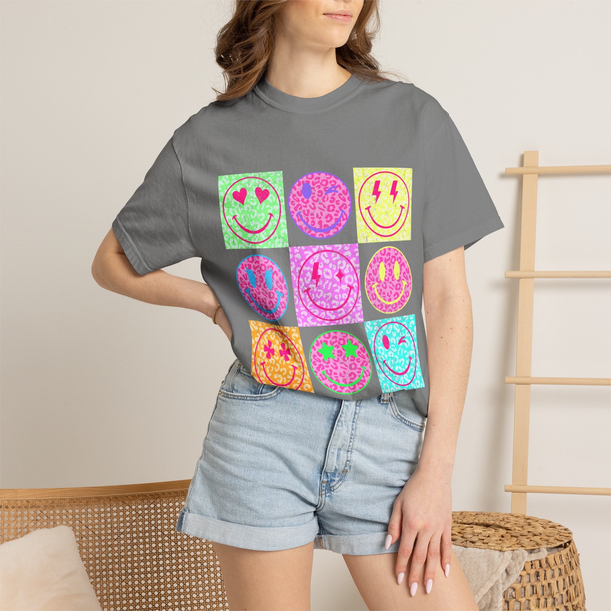 Neon Retro Smiley Grid T-Shirt