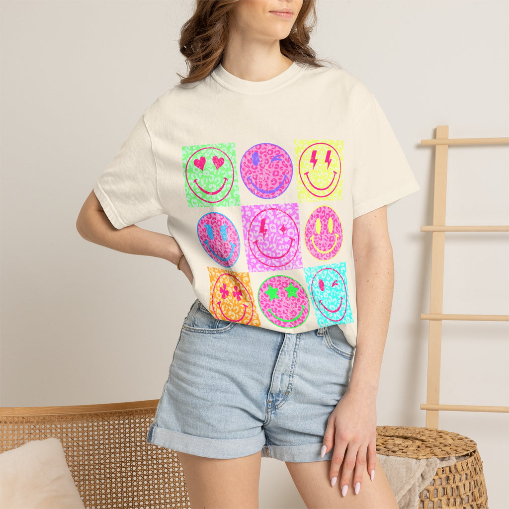 Neon Retro Smiley Grid T-Shirt