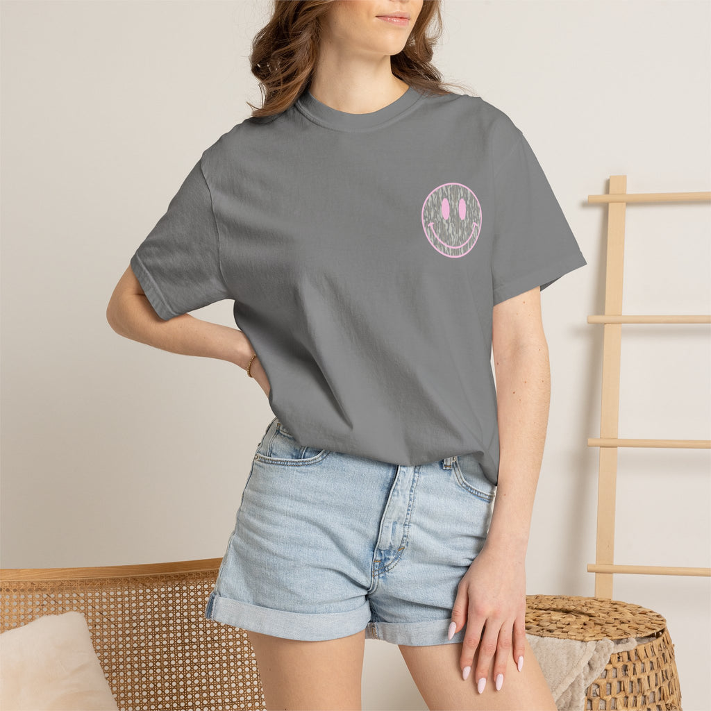 Smiley Camo T-Shirt — Pink Outline Woodland Smile Graphic Tee