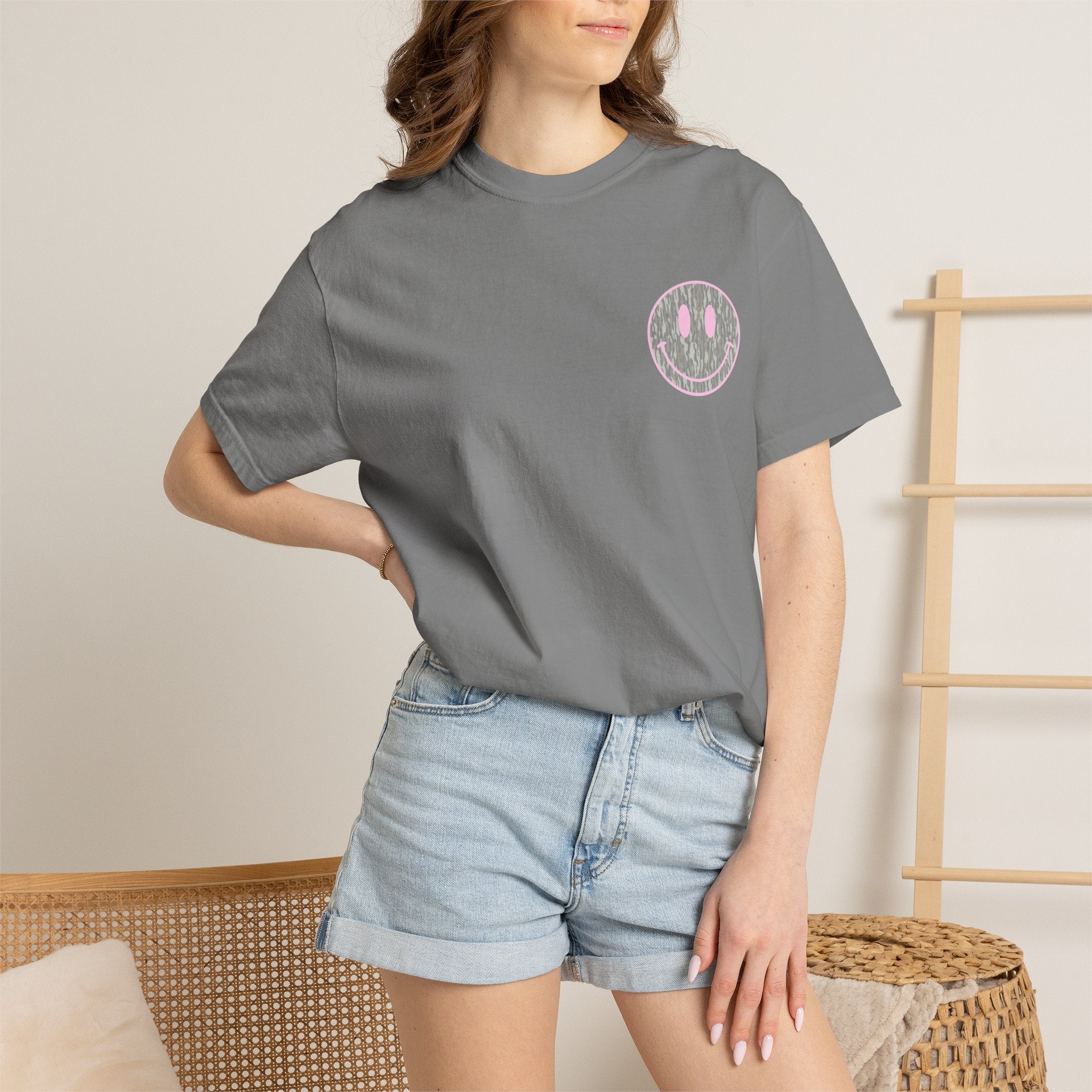 Smiley Camo T-Shirt — Pink Outline Woodland Smile Graphic Tee