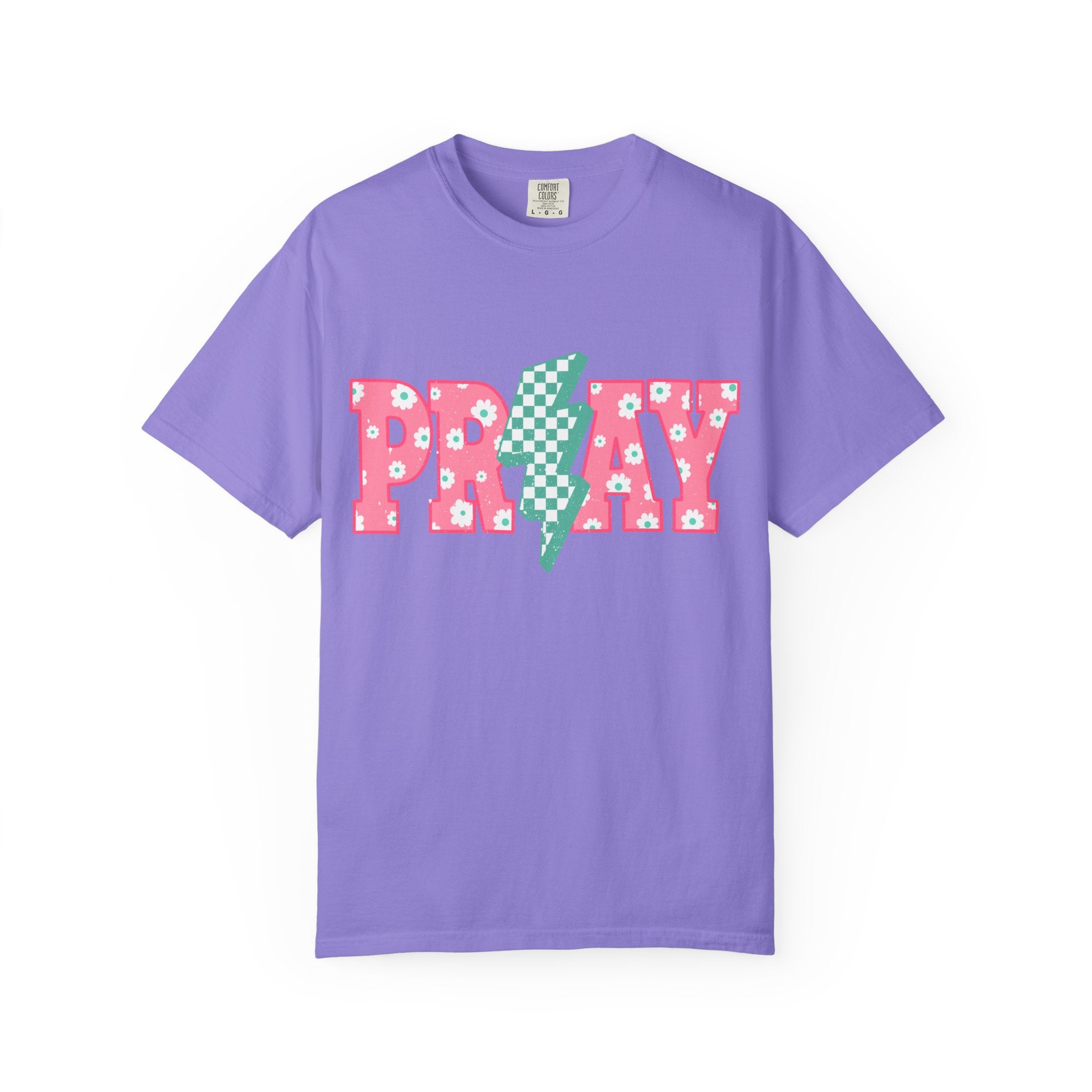 PRAY Lightning Graphic T-Shirt — Floral Pink & Mint Checker Retro Tee