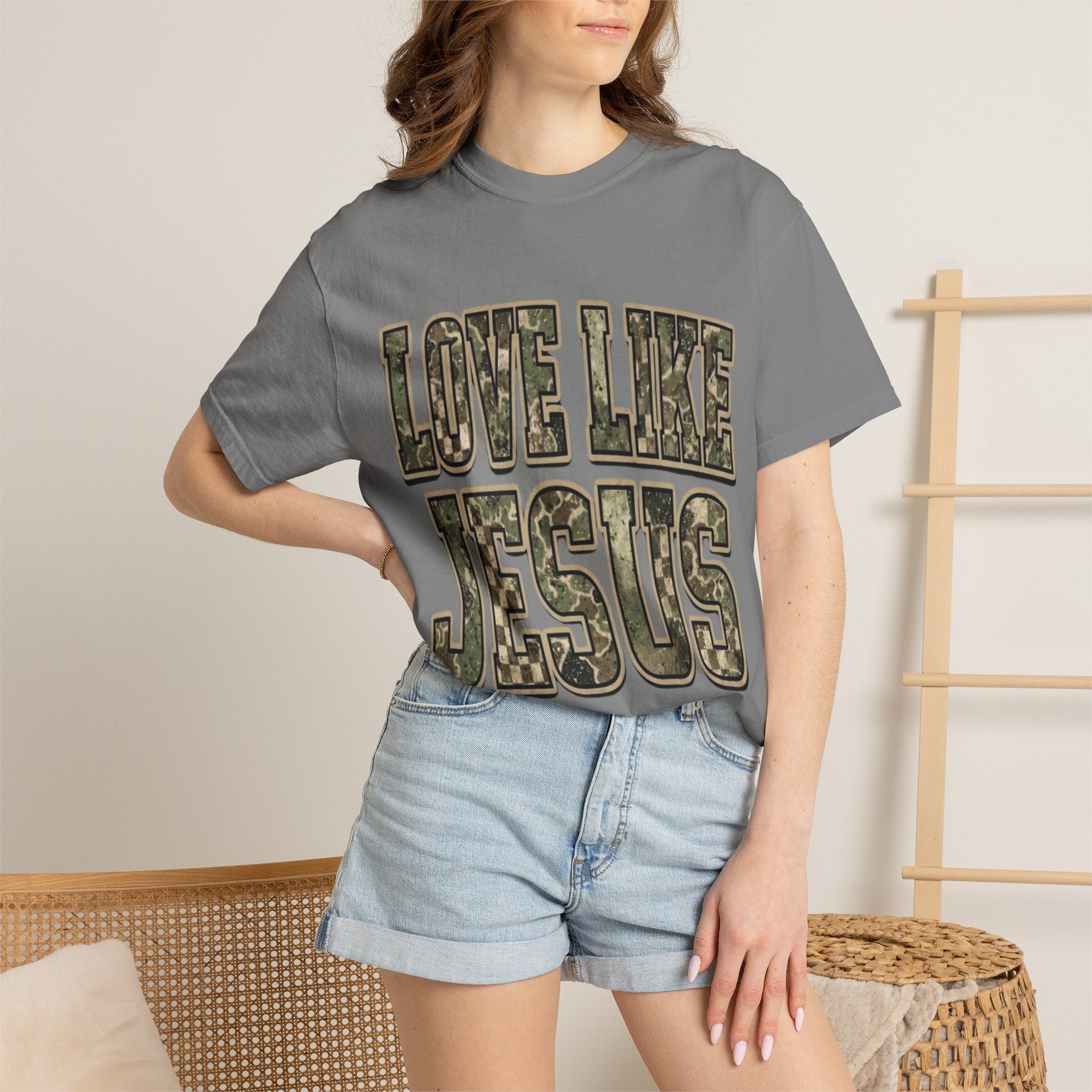 Love Like Jesus camo text T-shirt | Christian faith shirt