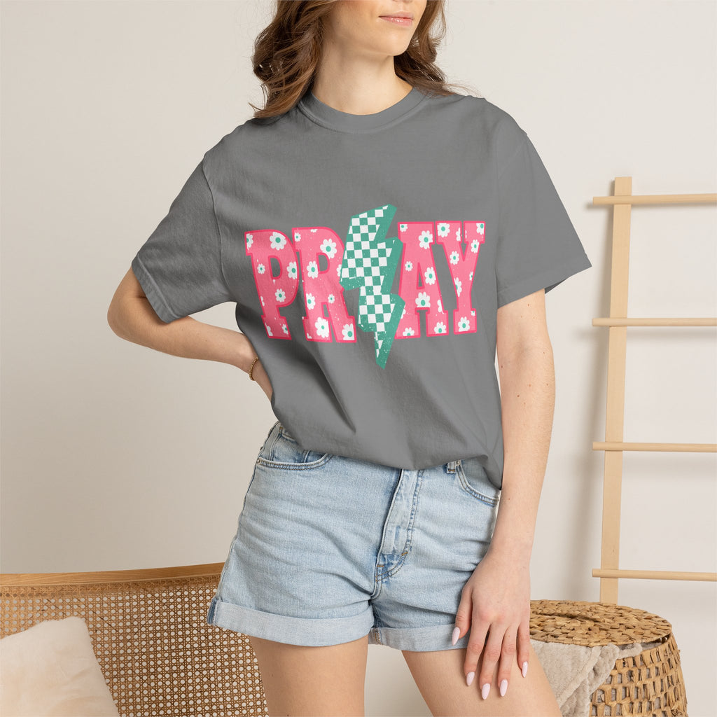 PRAY Lightning Graphic T-Shirt — Floral Pink & Mint Checker Retro Tee