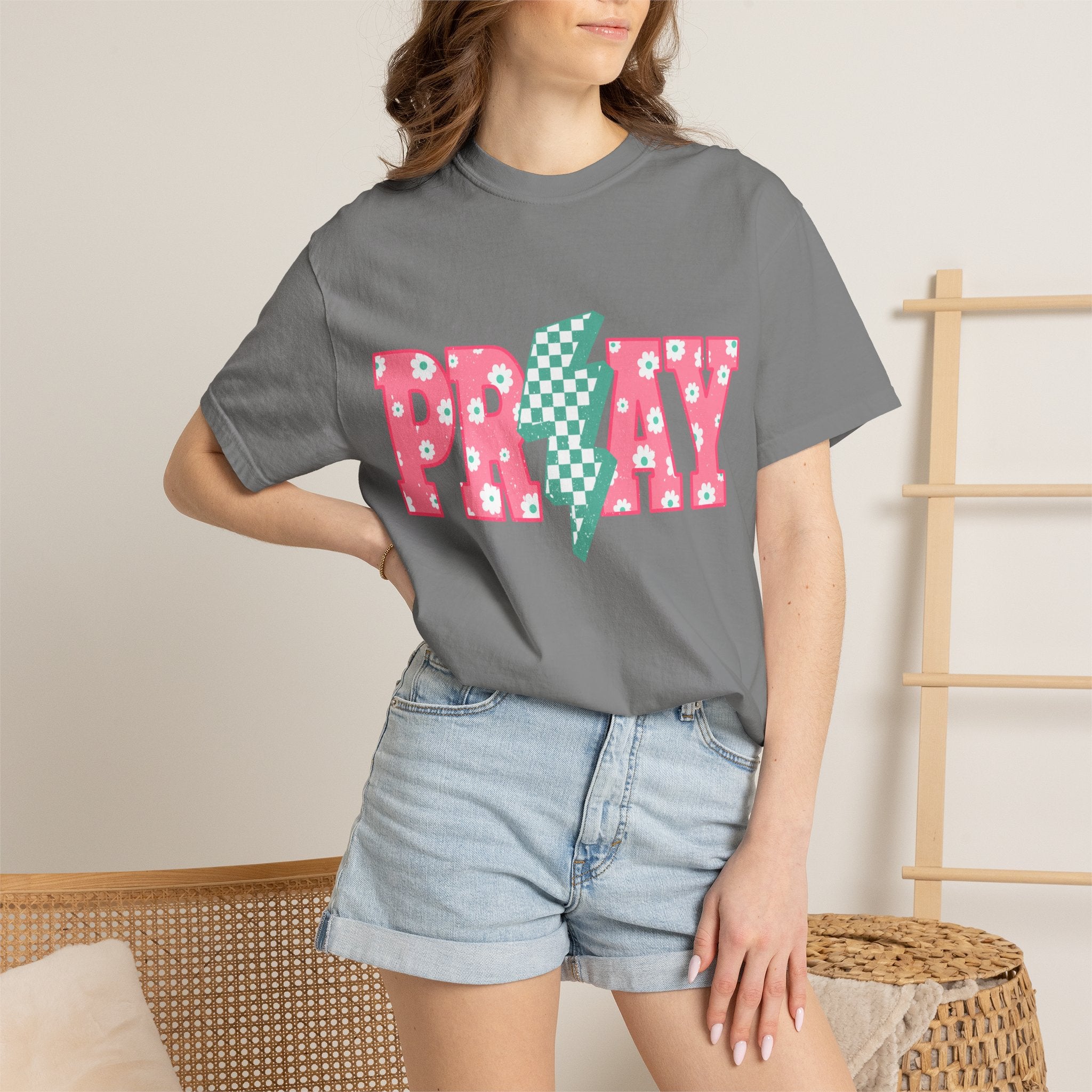 PRAY Lightning Graphic T-Shirt — Floral Pink & Mint Checker Retro Tee