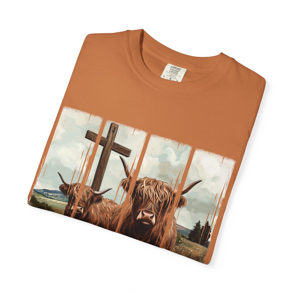 Christian Highland Cow T-Shirt — "Follow the Word, Not the Herd" Faith Tee