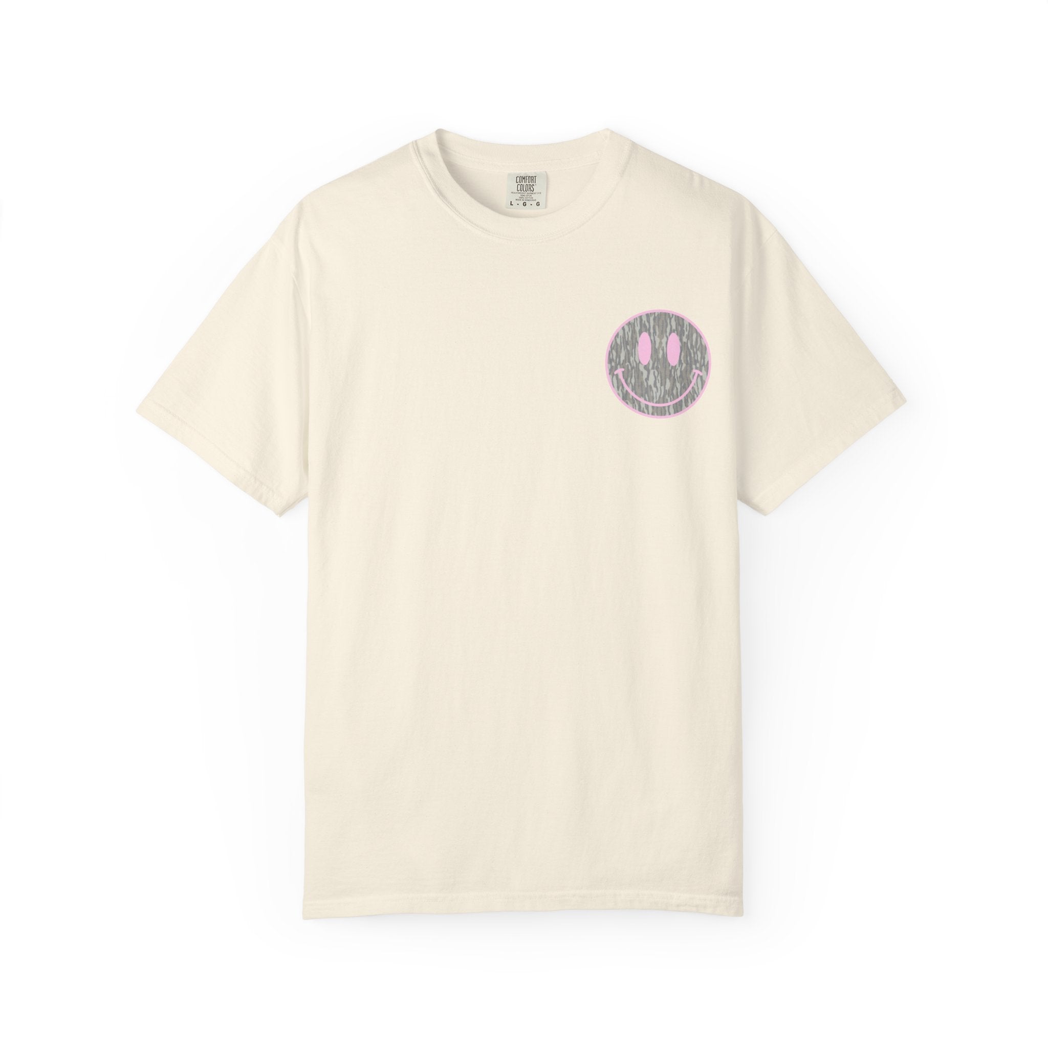 Smiley Camo T-Shirt — Pink Outline Woodland Smile Graphic Tee