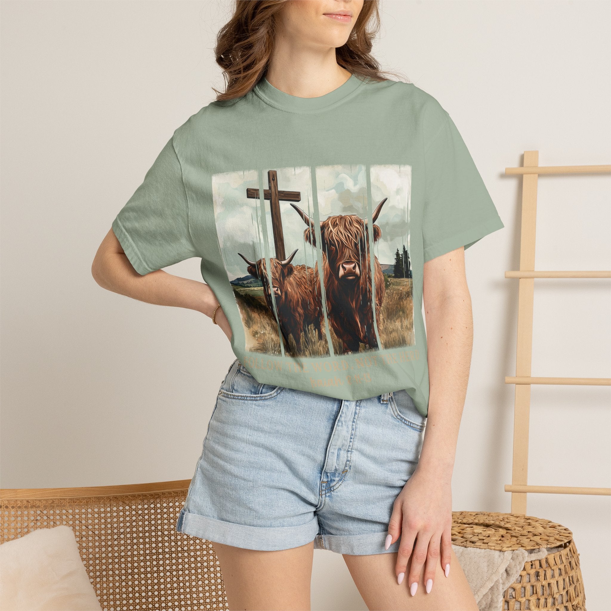 Christian Highland Cow T-Shirt — "Follow the Word, Not the Herd" Faith Tee