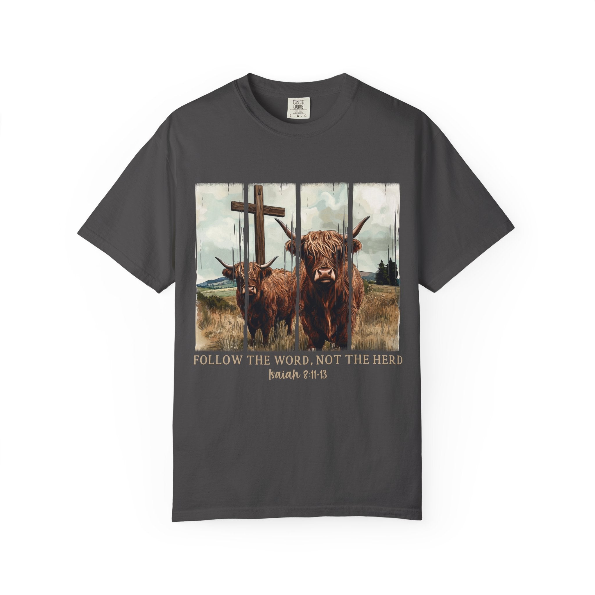 Christian Highland Cow T-Shirt — "Follow the Word, Not the Herd" Faith Tee