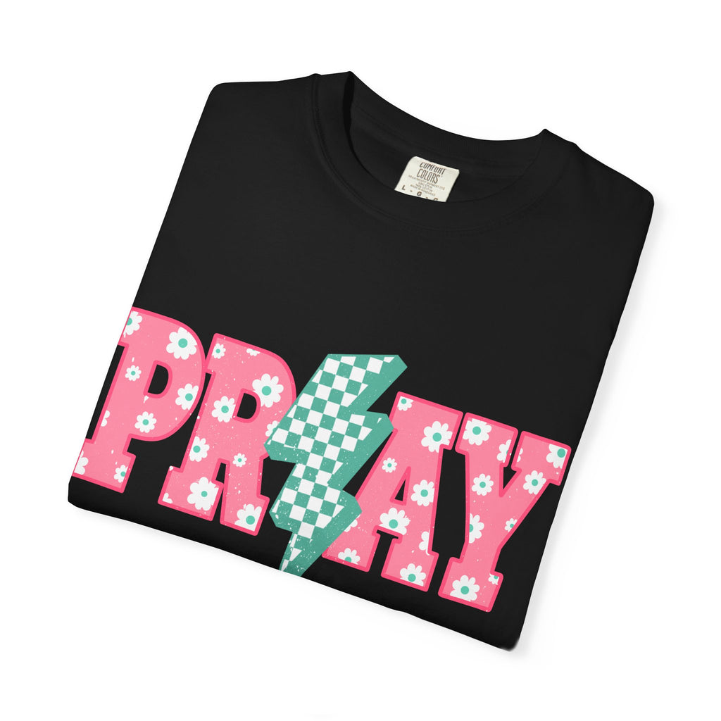 PRAY Lightning Graphic T-Shirt — Floral Pink & Mint Checker Retro Tee
