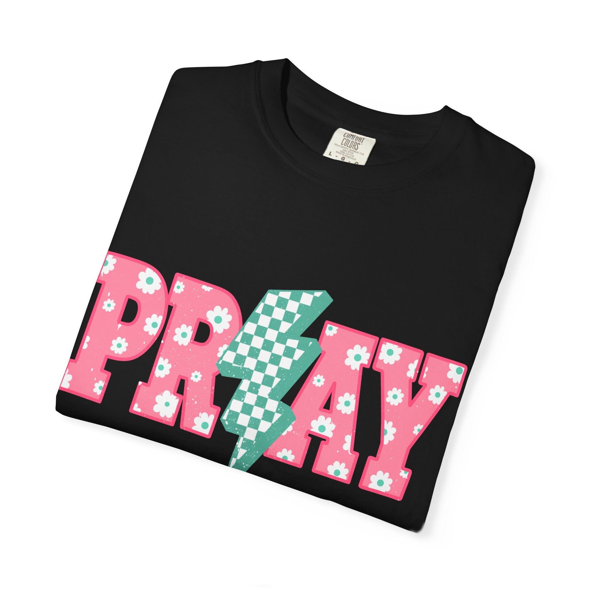 PRAY Lightning Graphic T-Shirt — Floral Pink & Mint Checker Retro Tee