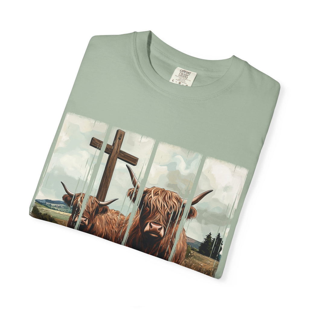 Christian Highland Cow T-Shirt — "Follow the Word, Not the Herd" Faith Tee