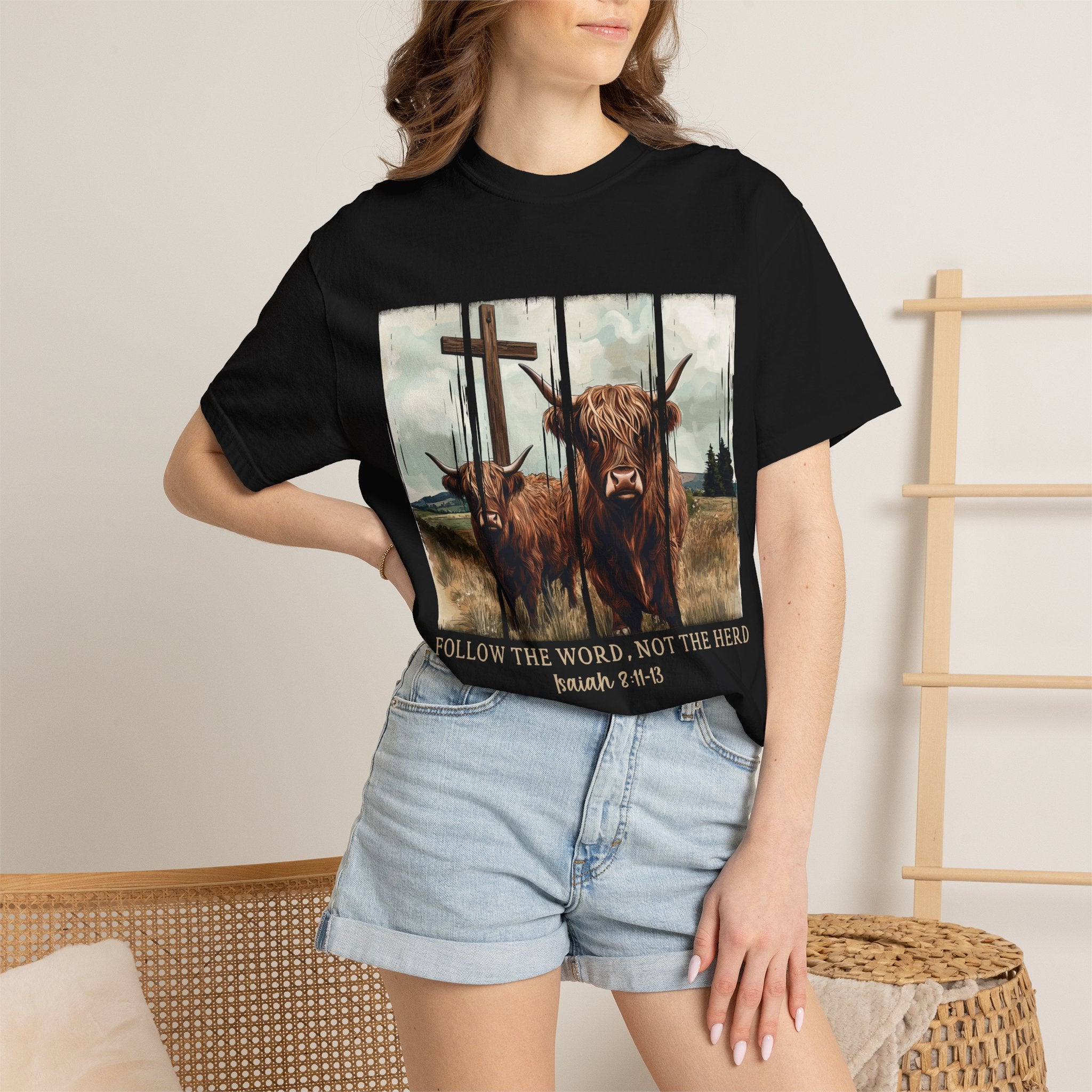 Christian Highland Cow T-Shirt — "Follow the Word, Not the Herd" Faith Tee
