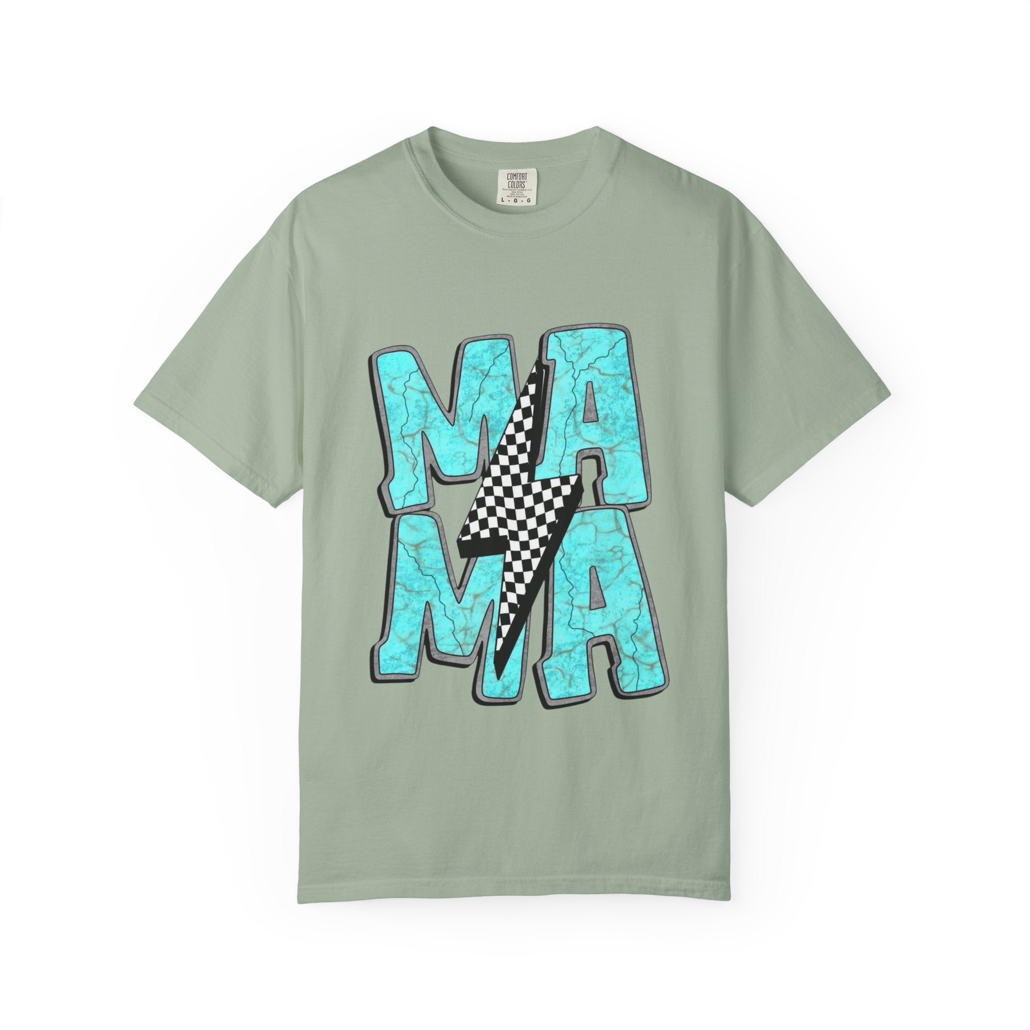 MAMA lightning bolt graphic T-shirt | turquoise marble letters