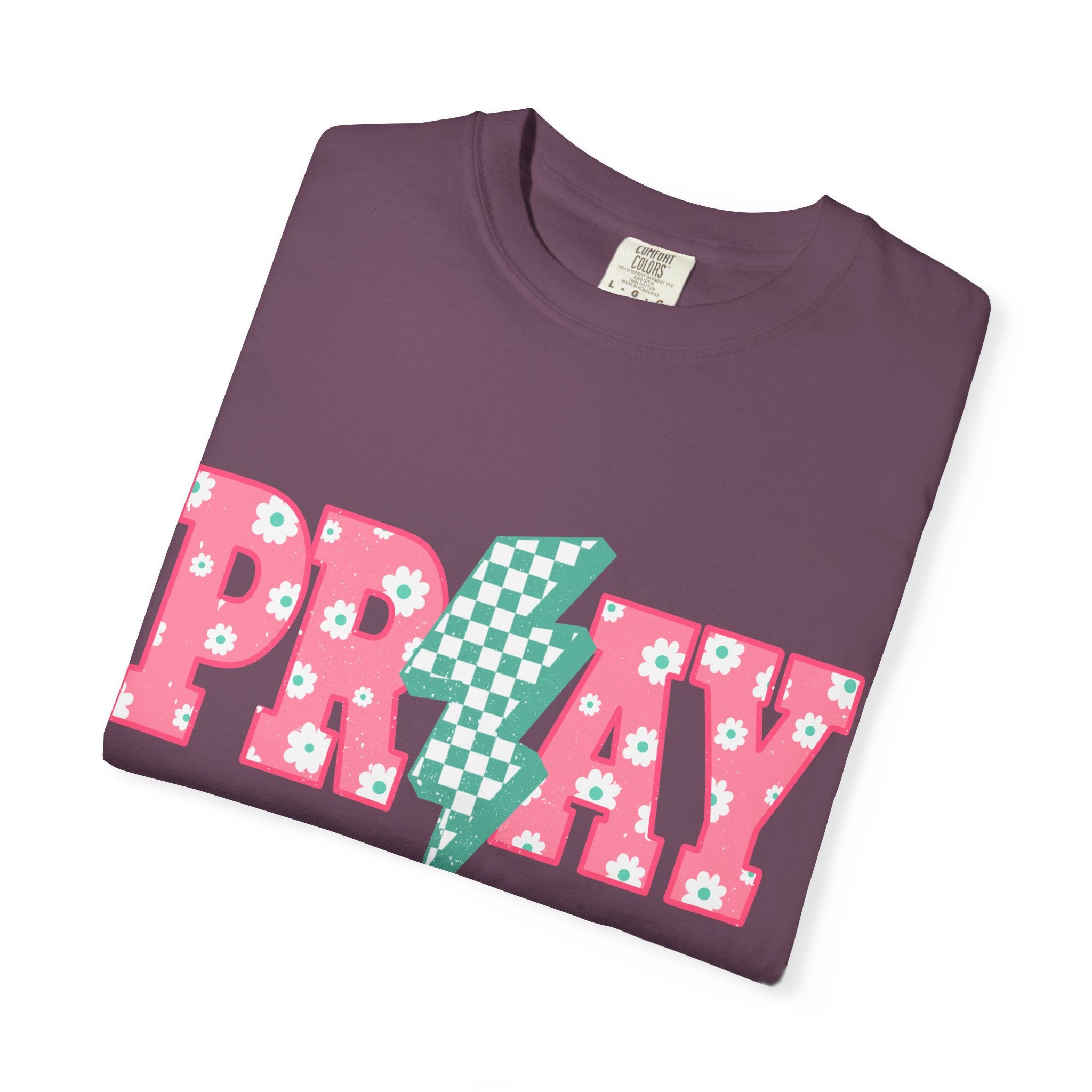 PRAY Lightning Graphic T-Shirt — Floral Pink & Mint Checker Retro Tee