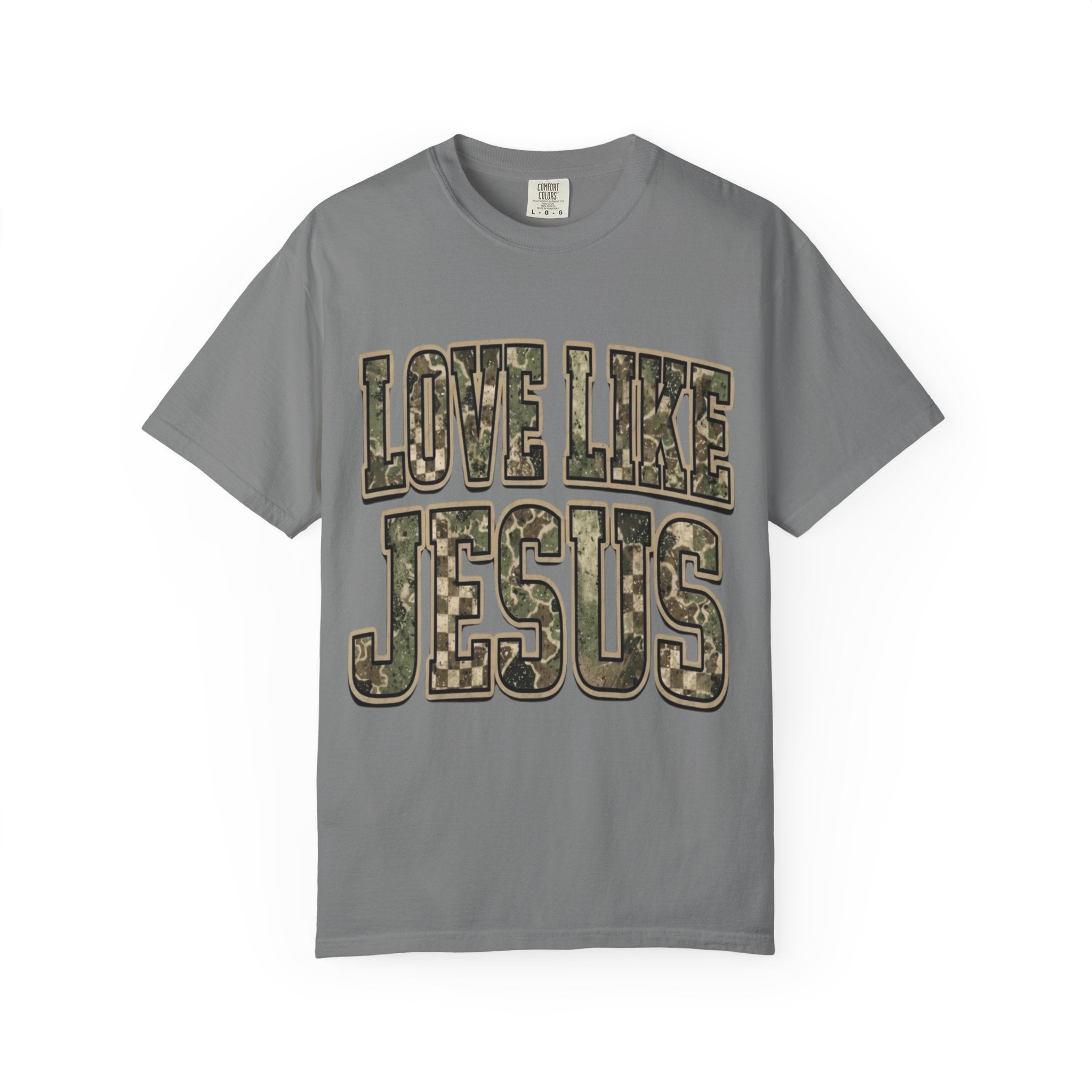 Love Like Jesus camo text T-shirt | Christian faith shirt