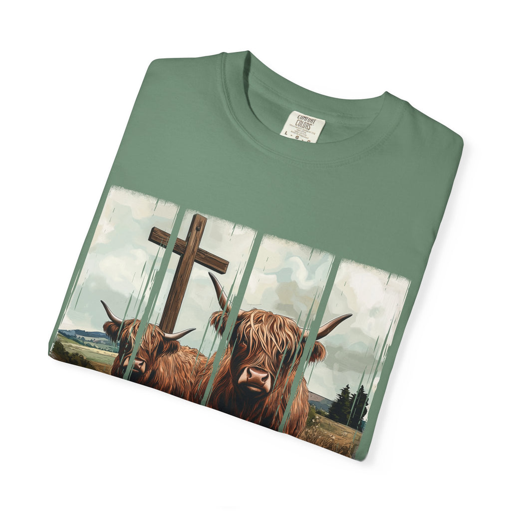 Christian Highland Cow T-Shirt — "Follow the Word, Not the Herd" Faith Tee