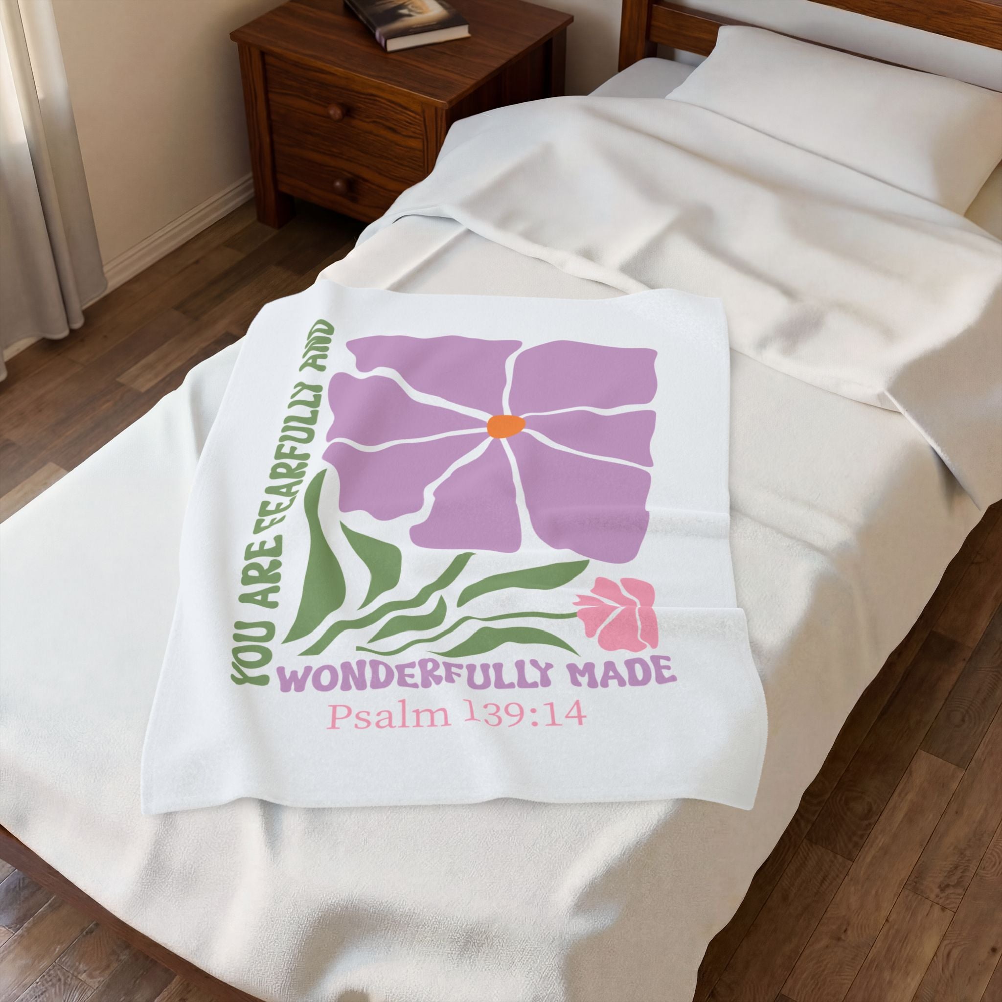 Velveteen Plush Blanket — "You Are Fearfully and Wonderfully Made" Floral Psalm 139:14 Christian Throw