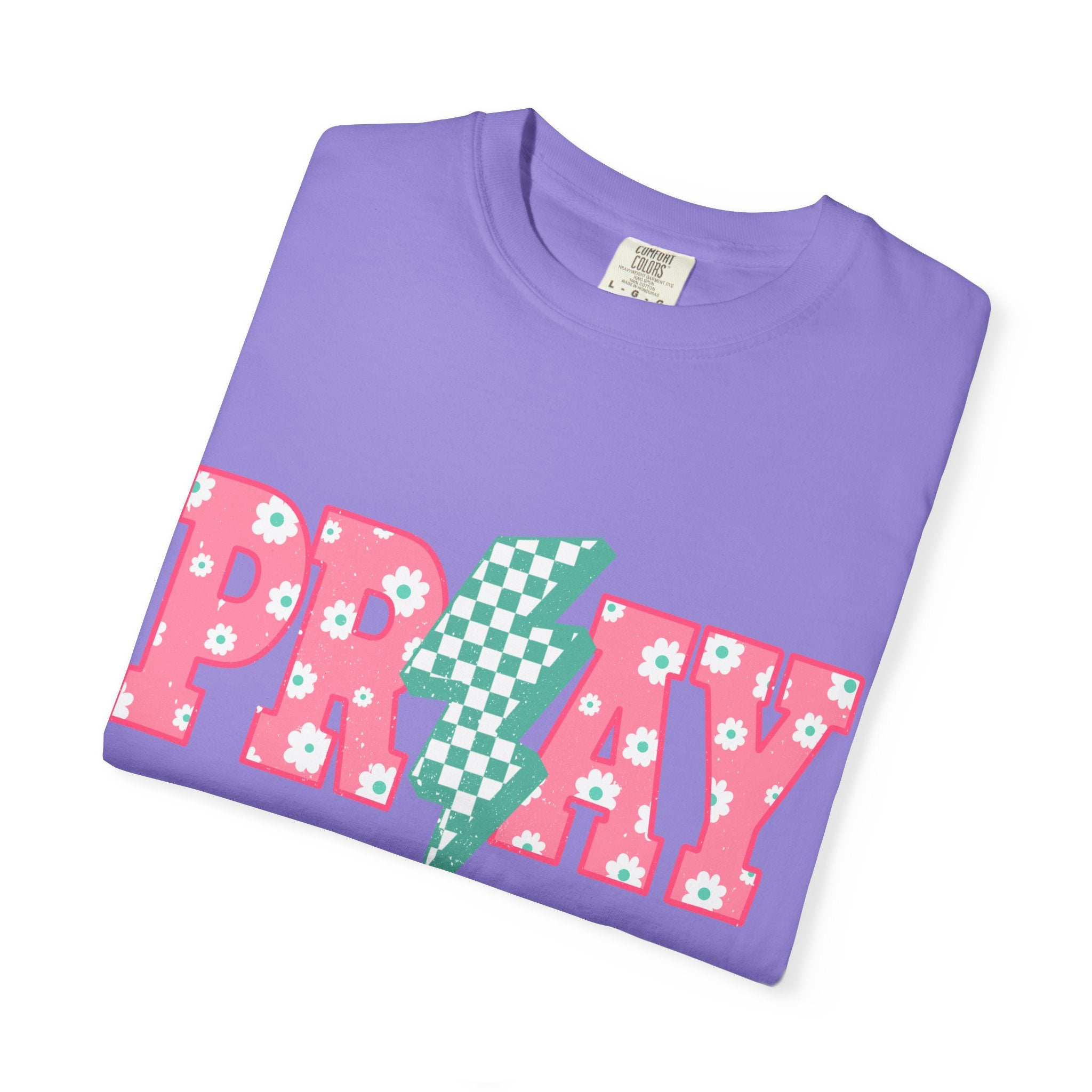 PRAY Lightning Graphic T-Shirt — Floral Pink & Mint Checker Retro Tee