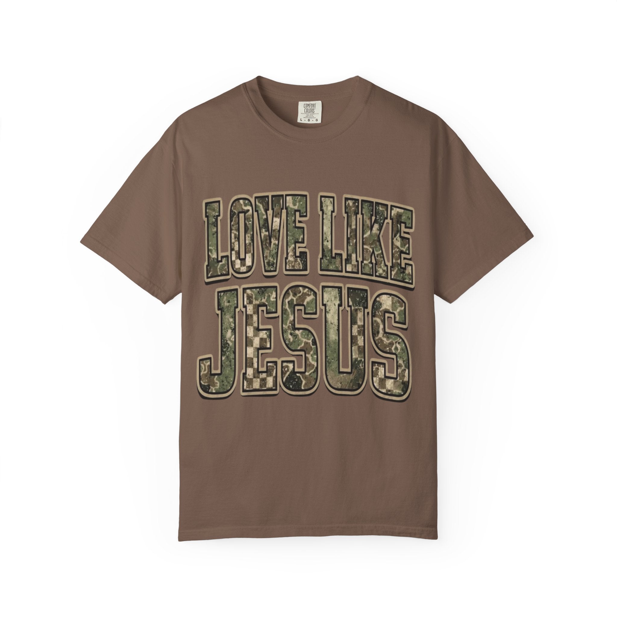 Love Like Jesus camo text T-shirt | Christian faith shirt