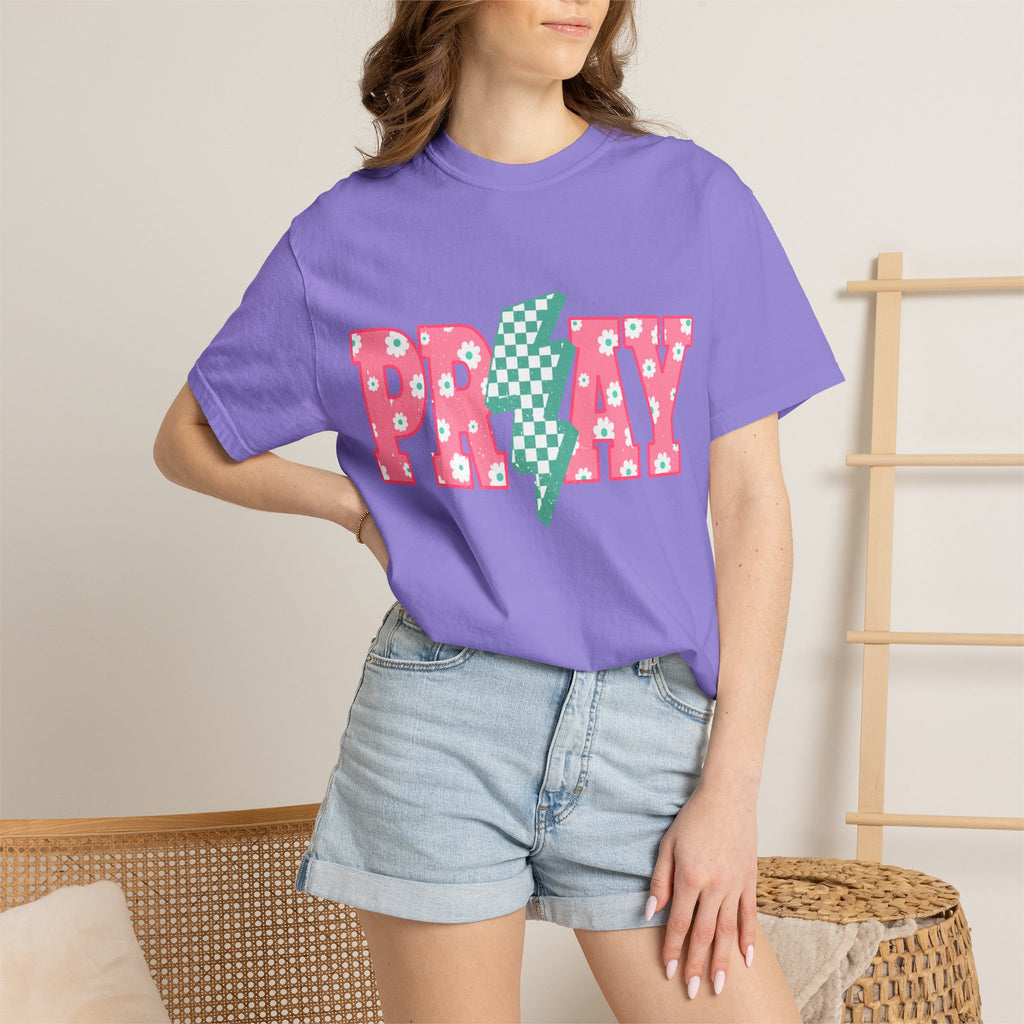 PRAY Lightning Graphic T-Shirt — Floral Pink & Mint Checker Retro Tee