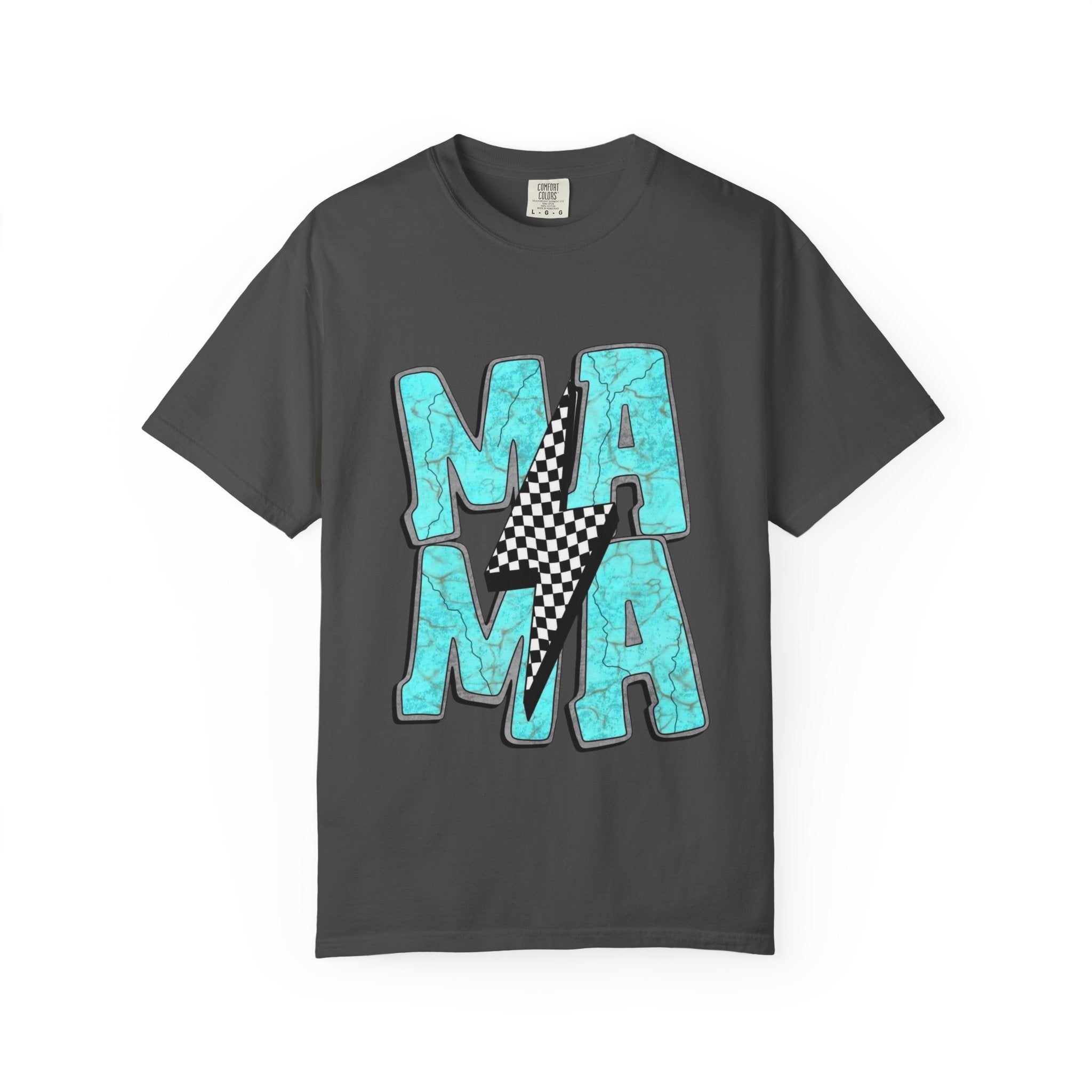 MAMA lightning bolt graphic T-shirt | turquoise marble letters