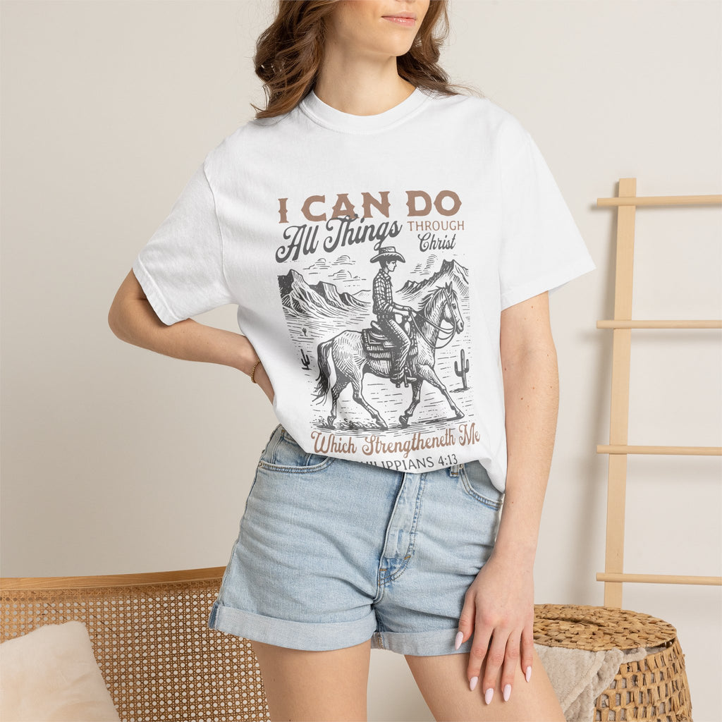 Faith Cowboy T-Shirt — "I Can Do All Things" Philippians 4:13 Christian Tee