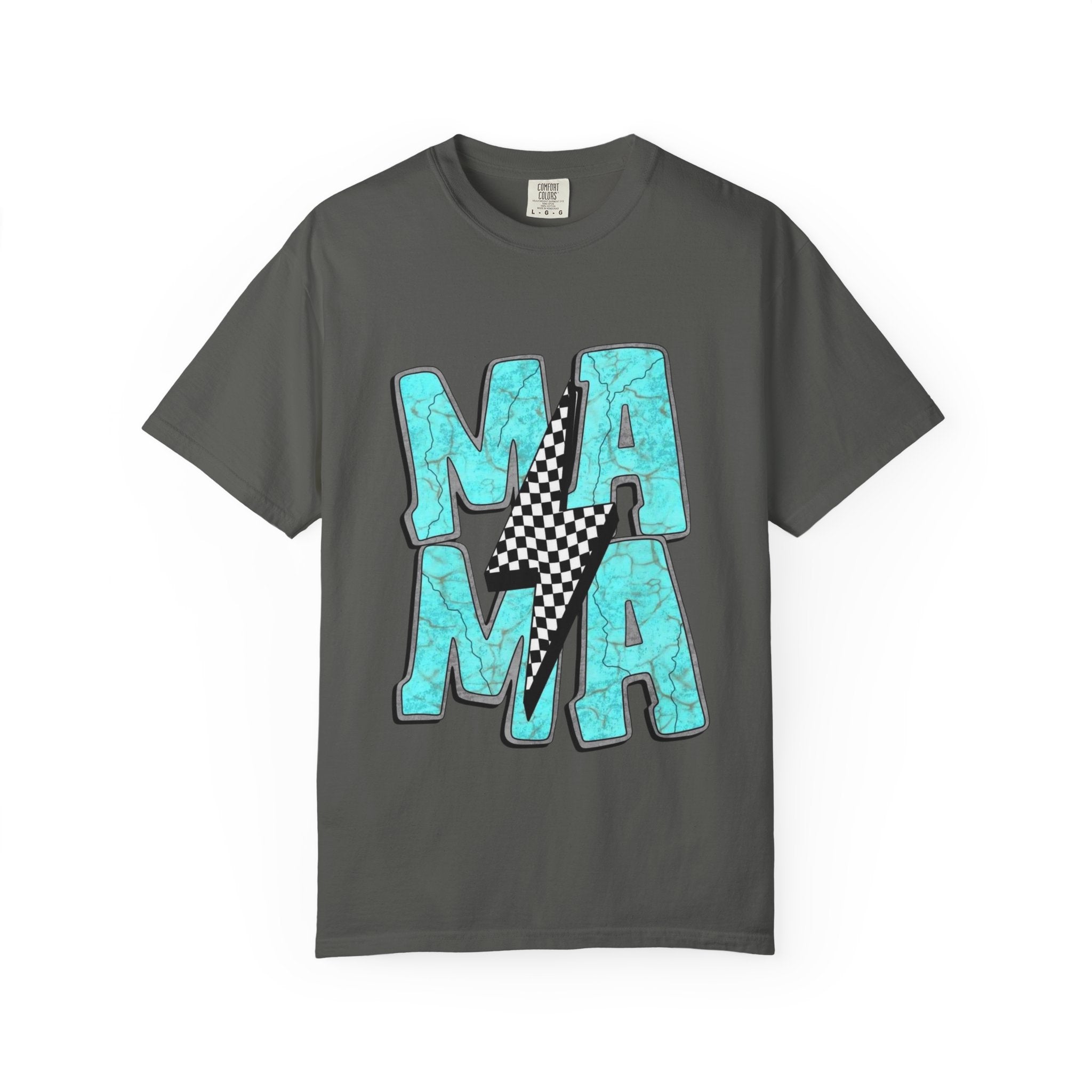 MAMA lightning bolt graphic T-shirt | turquoise marble letters