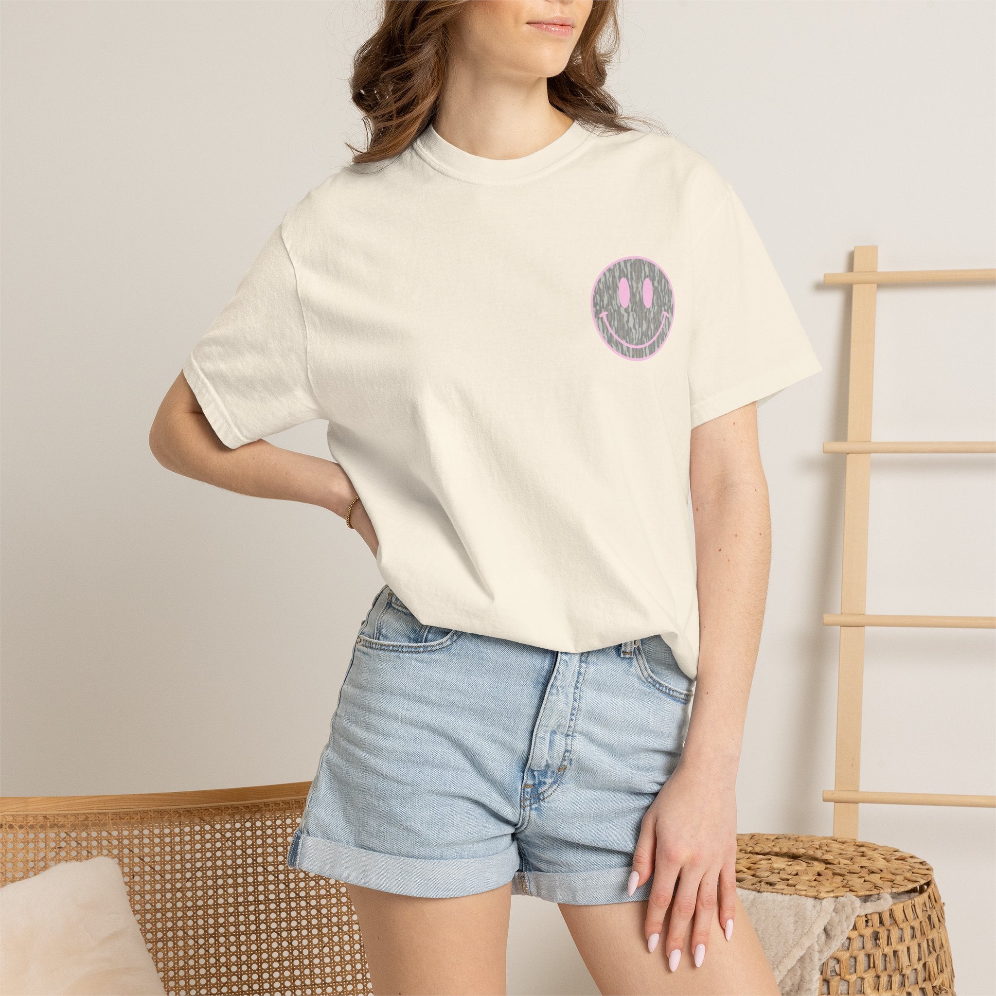Smiley Camo T-Shirt — Pink Outline Woodland Smile Graphic Tee