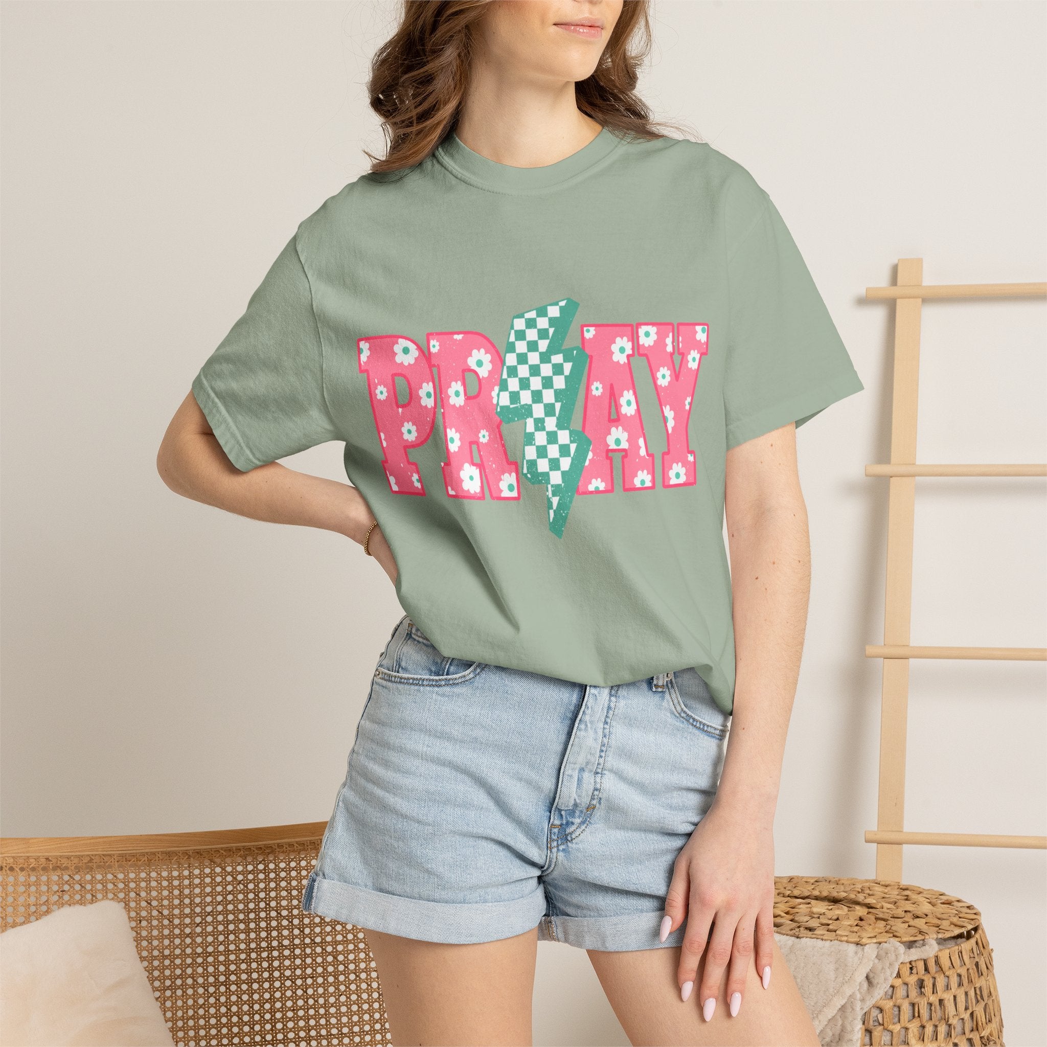 PRAY Lightning Graphic T-Shirt — Floral Pink & Mint Checker Retro Tee