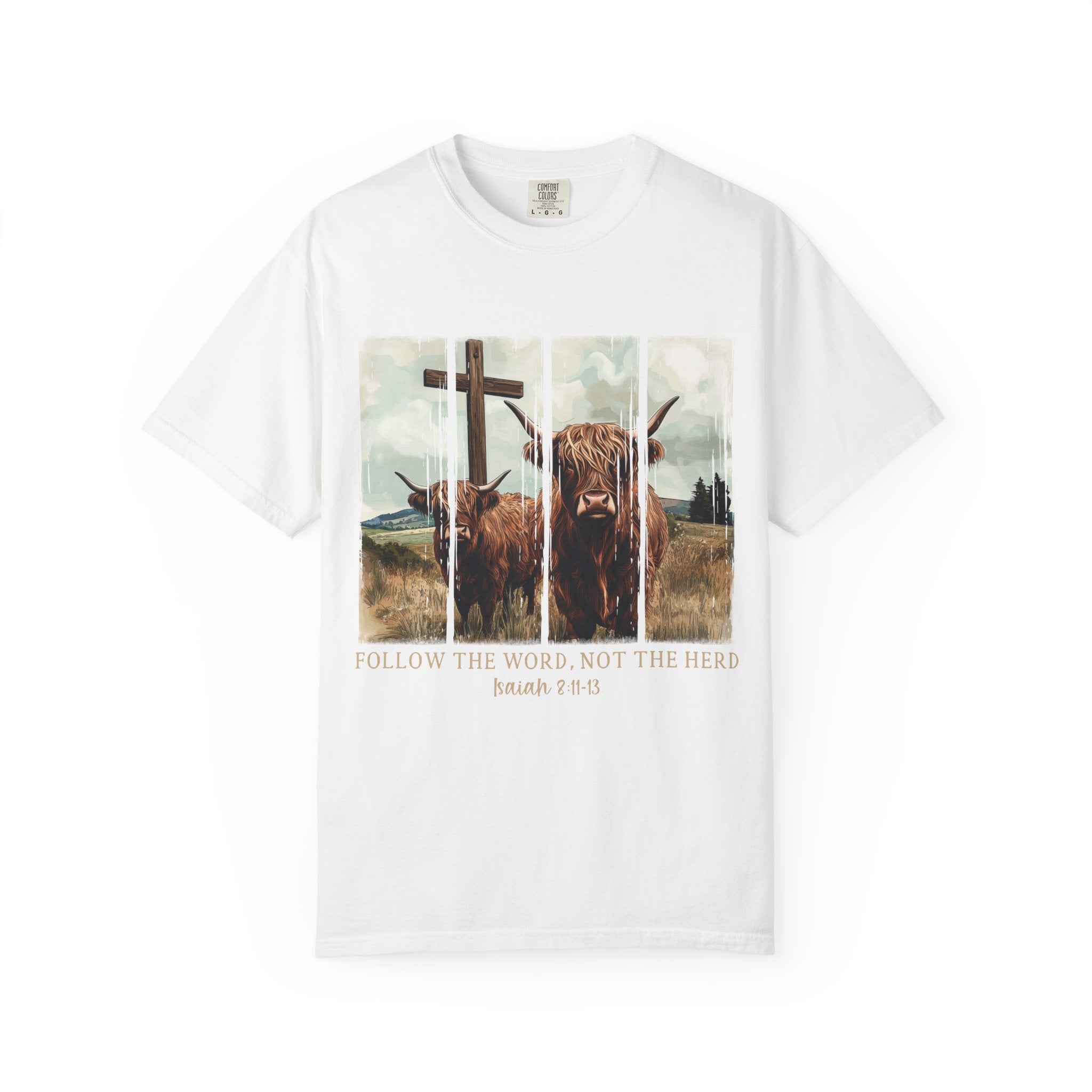 Christian Highland Cow T-Shirt — "Follow the Word, Not the Herd" Faith Tee