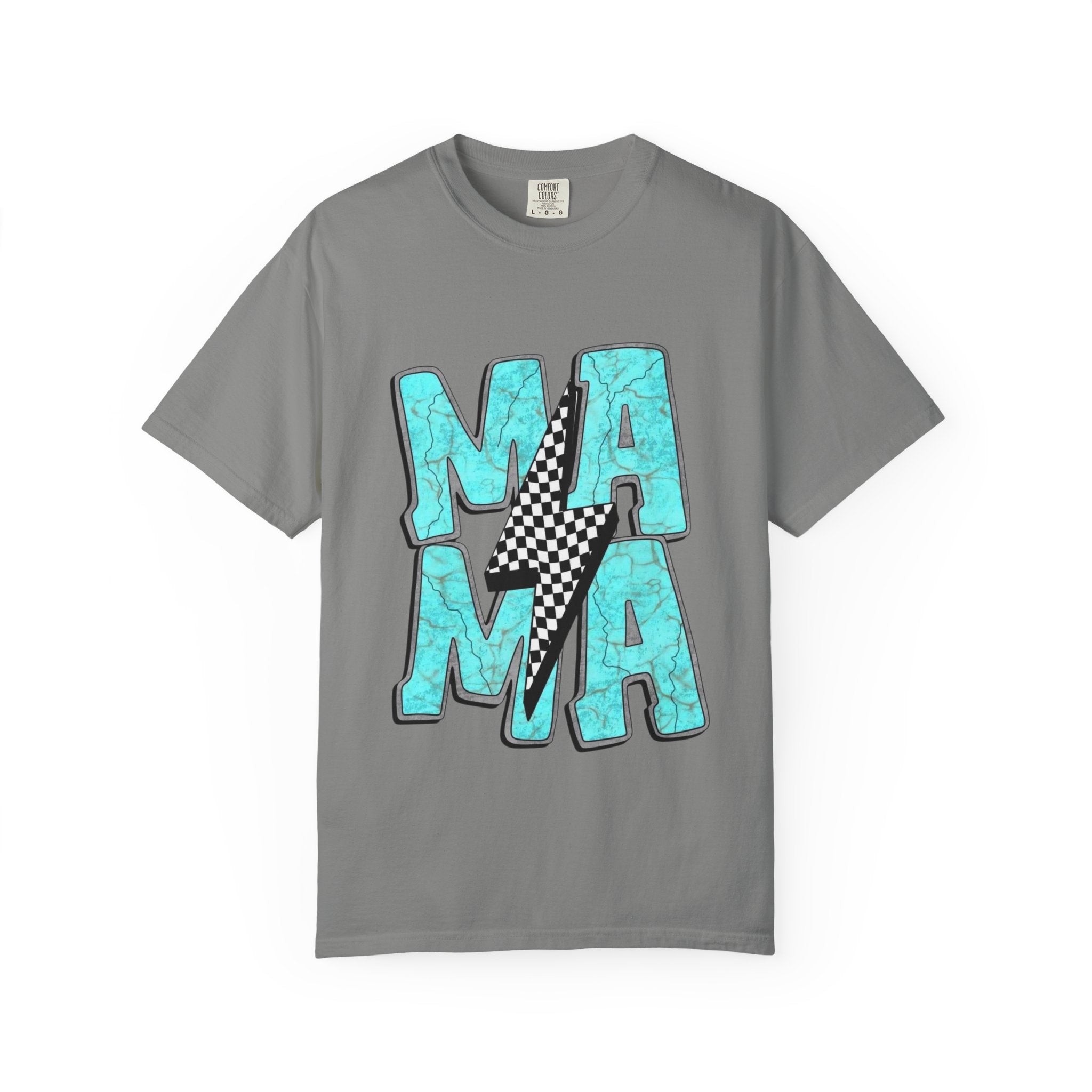 MAMA lightning bolt graphic T-shirt | turquoise marble letters