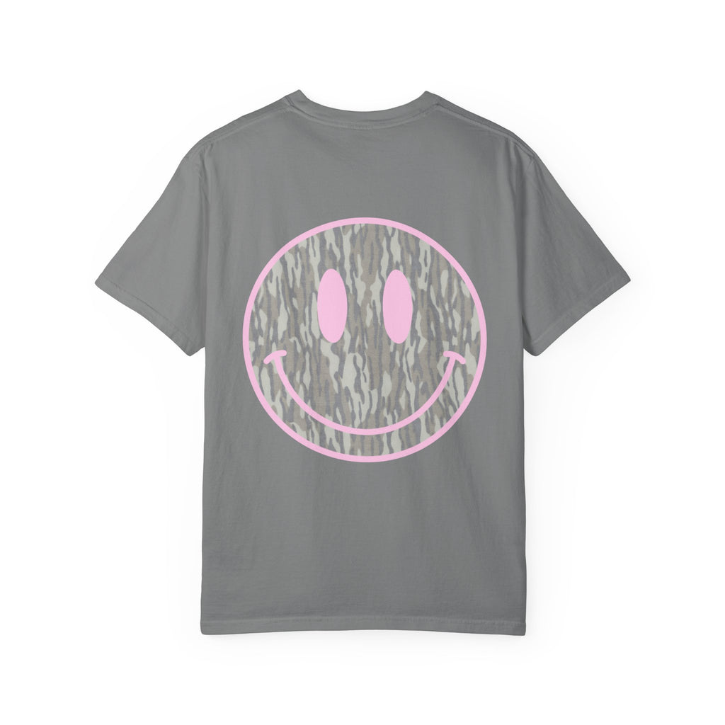 Smiley Camo T-Shirt — Pink Outline Woodland Smile Graphic Tee